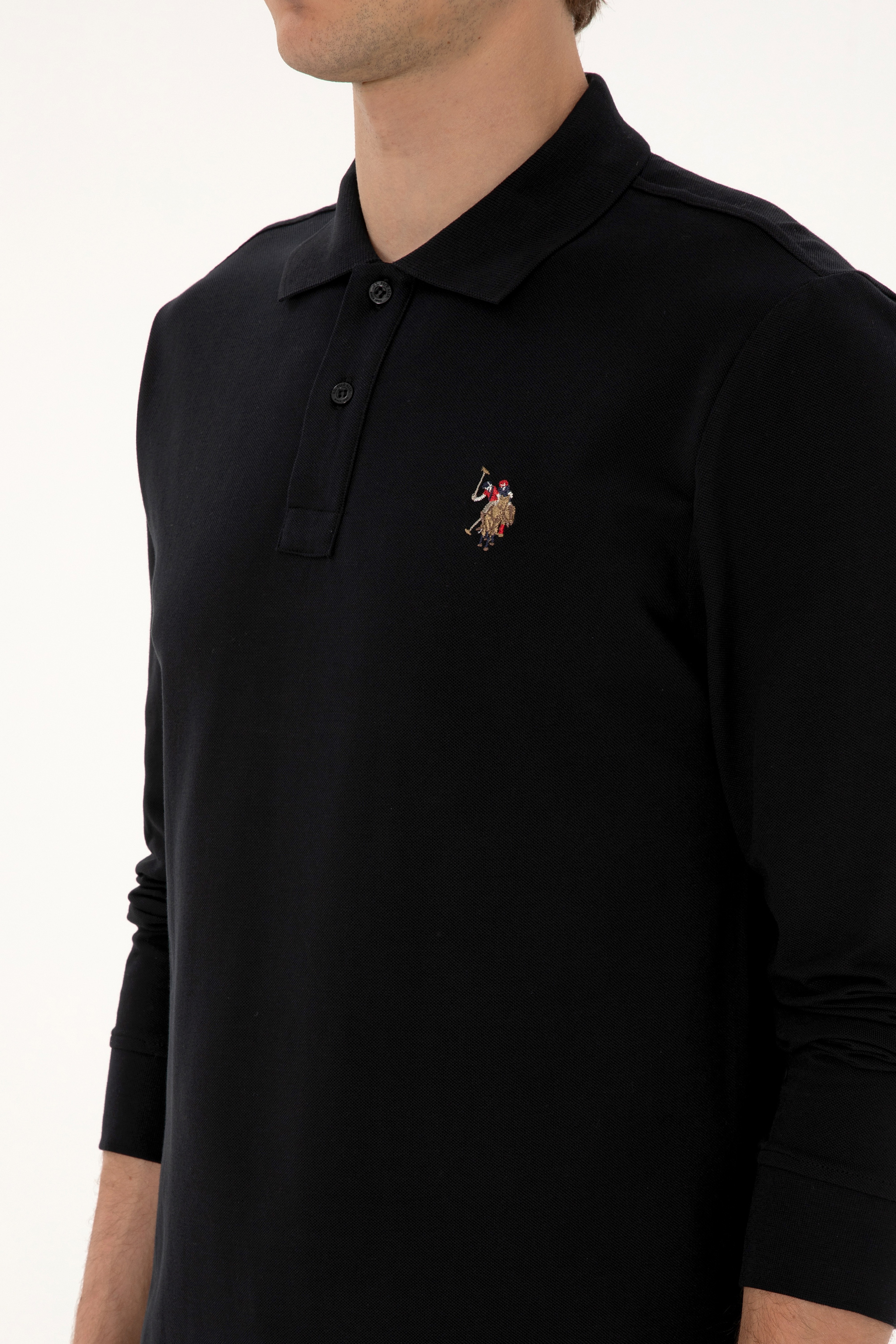 Erkek Regular Fit Polo Yaka Siyah Basic Sweatshirt - Image 7