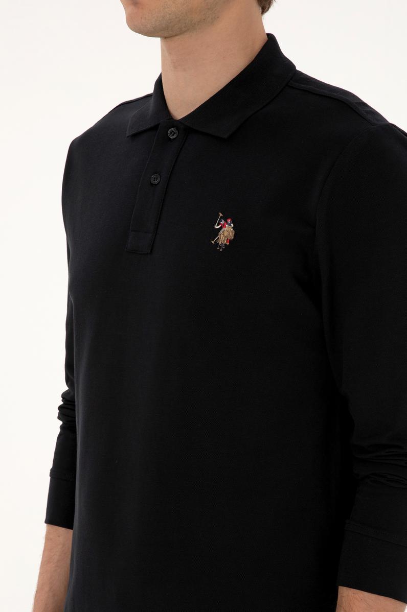 Erkek Regular Fit Polo Yaka Siyah Basic Sweatshirt
