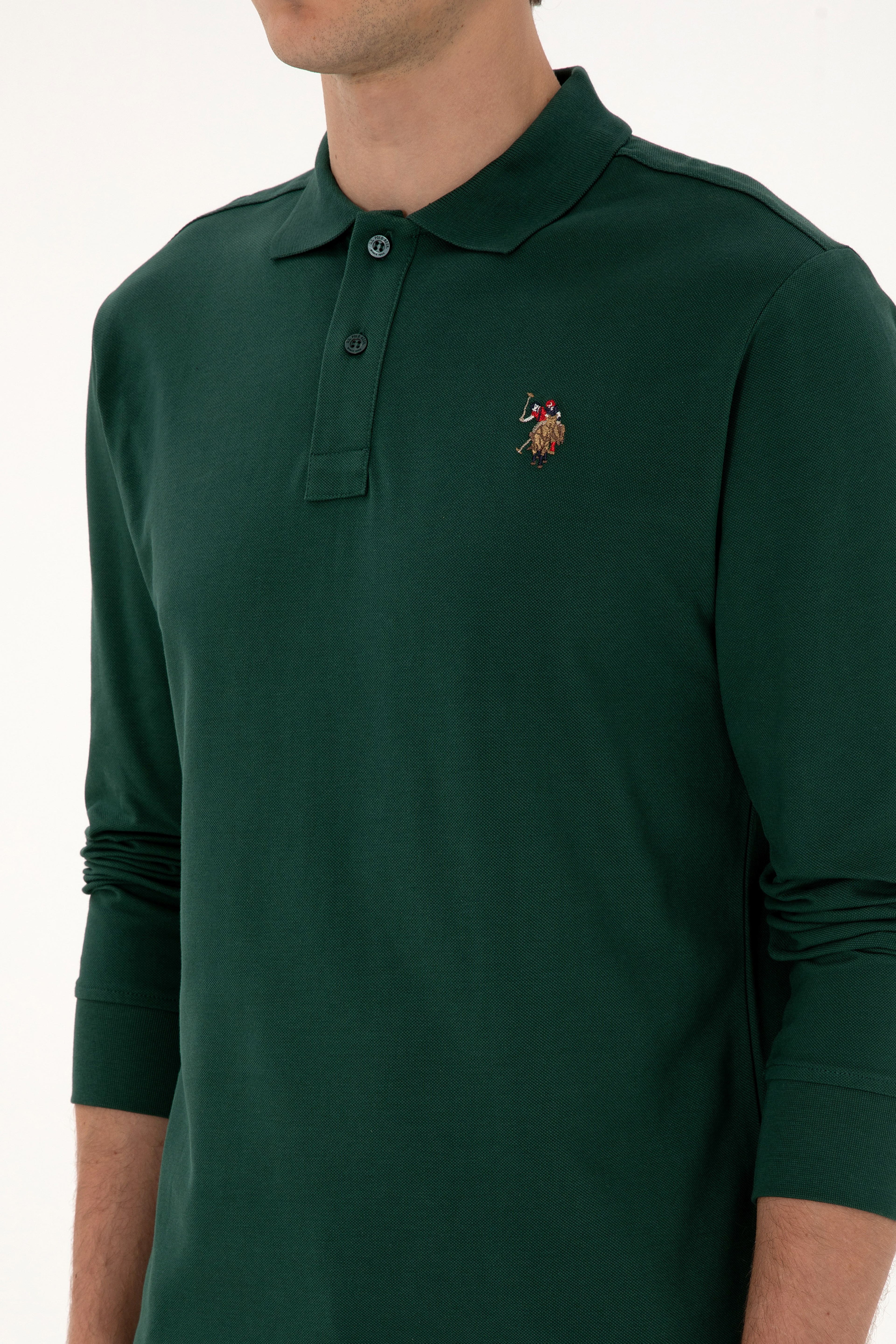 Erkek Regular Fit Polo Yaka Koyu Yeşil Basic Sweatshirt - Image 7