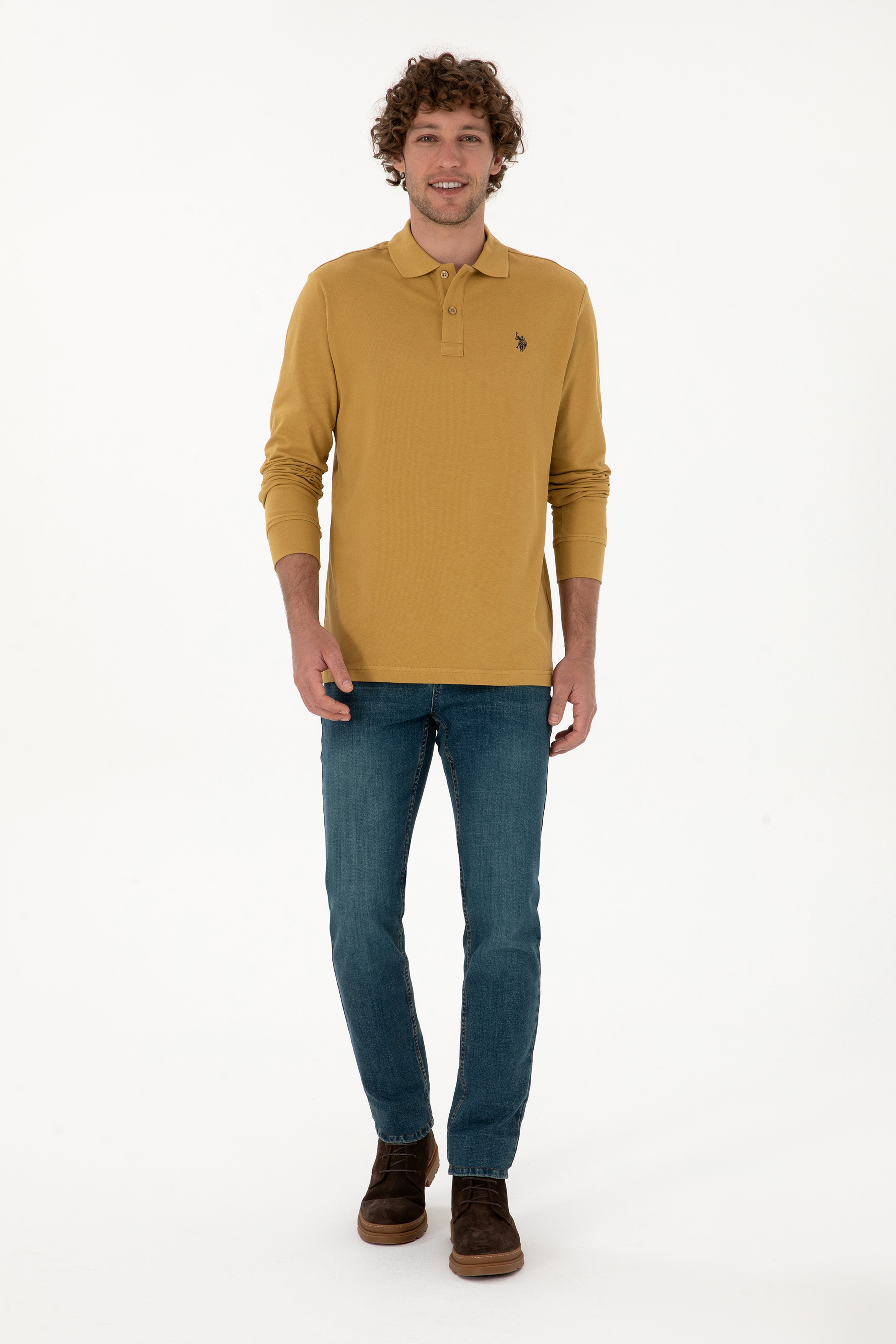 Erkek Regular Fit Polo Yaka Yeşil Basic Sweatshirt