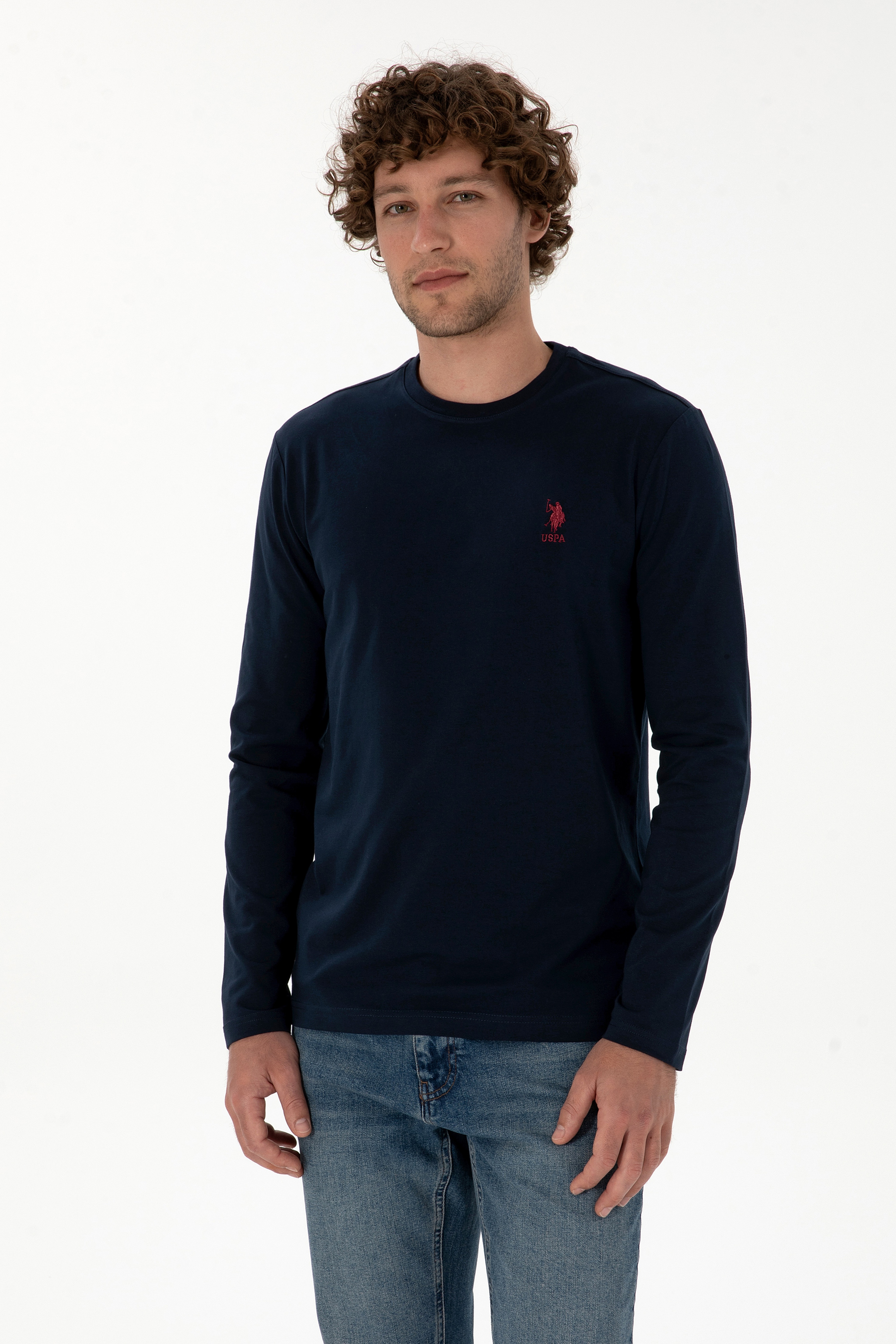 Erkek Slim Fit Bisiklet Yaka Lacivert Basic Sweatshirt