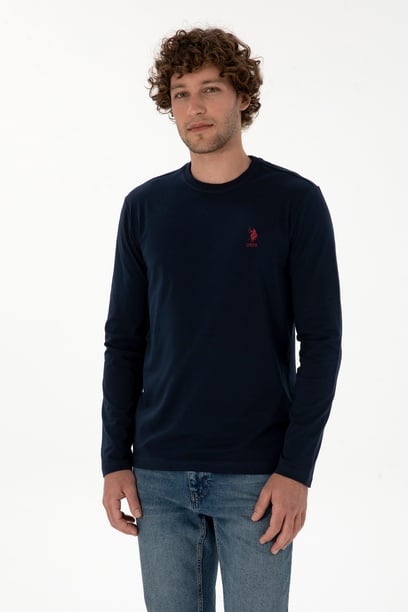Erkek Slim Fit Bisiklet Yaka Lacivert Basic Sweatshirt