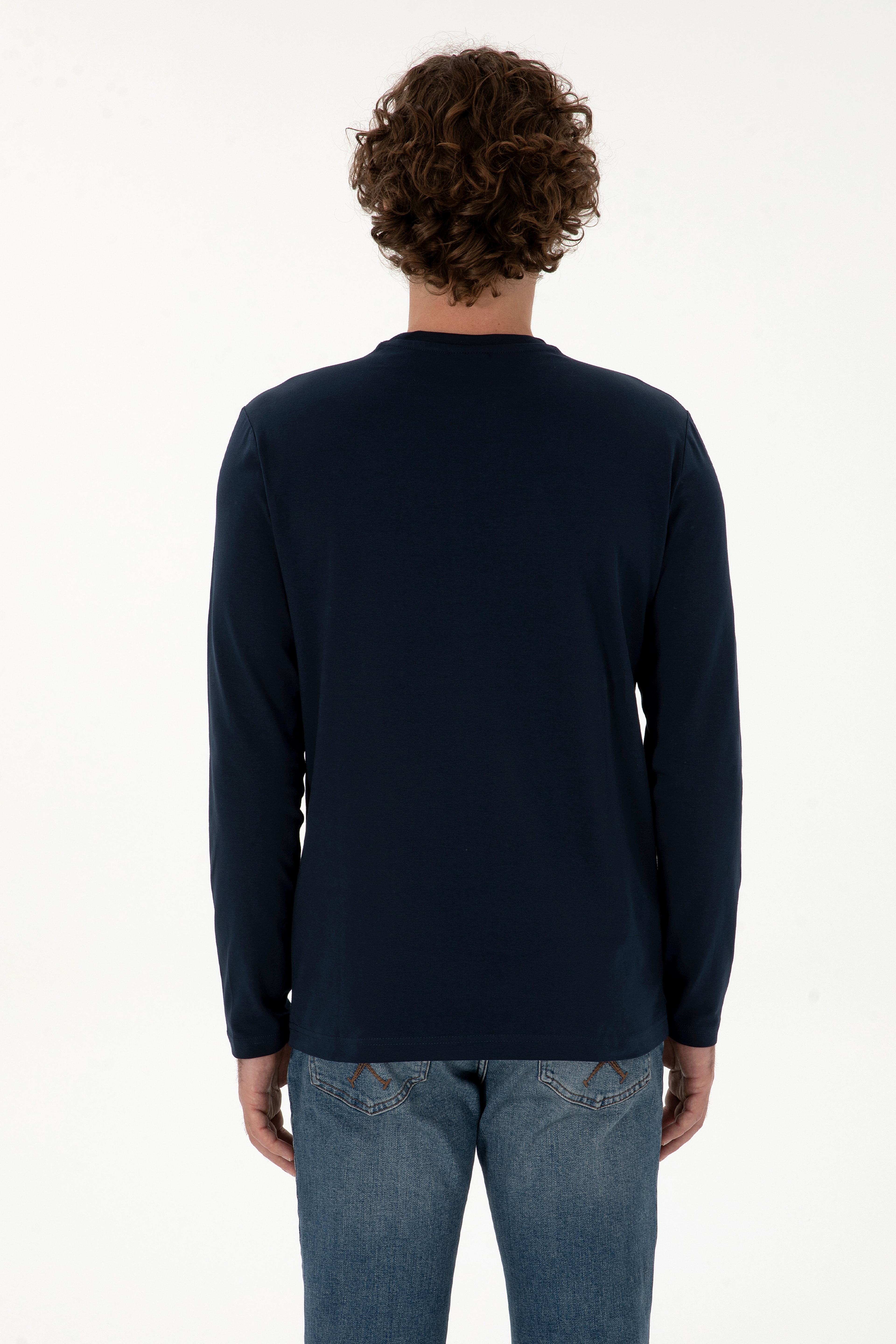 Erkek Slim Fit Bisiklet Yaka Lacivert Basic Sweatshirt - Image 5