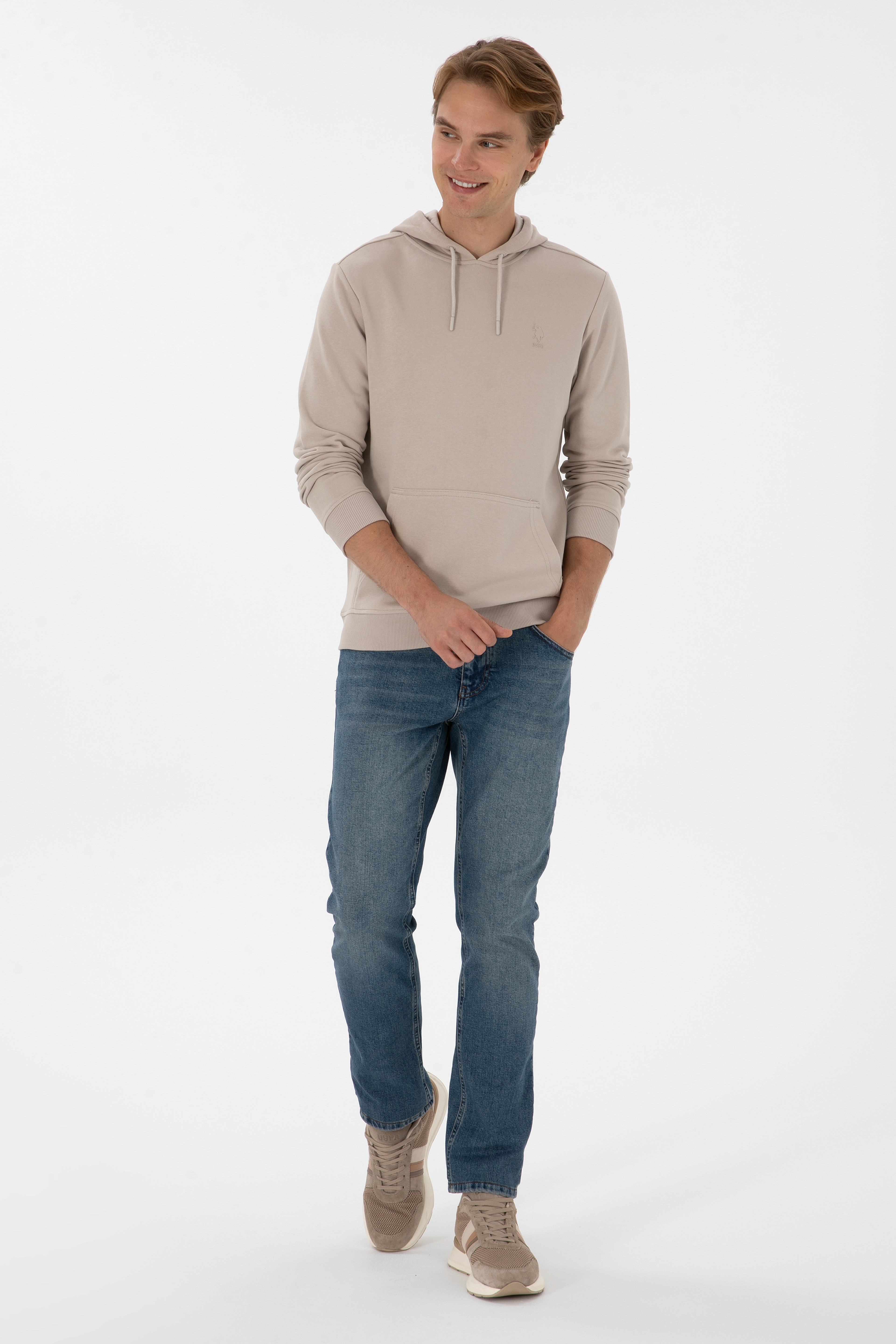Erkek Regular Fit Kapüşonlu Taş Basic Sweatshirt - Image 4