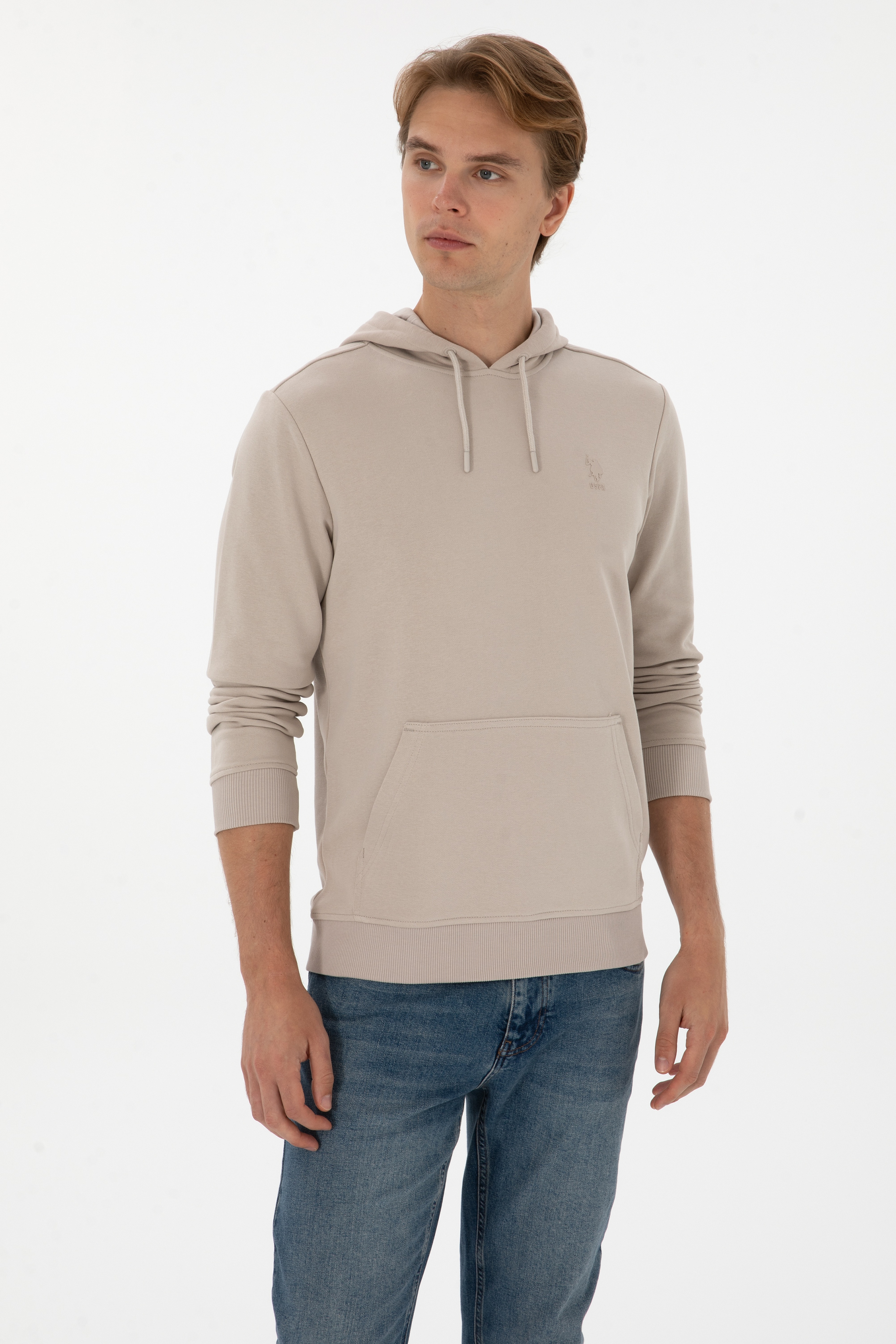 Erkek Regular Fit Kapüşonlu Taş Basic Sweatshirt - Image 1