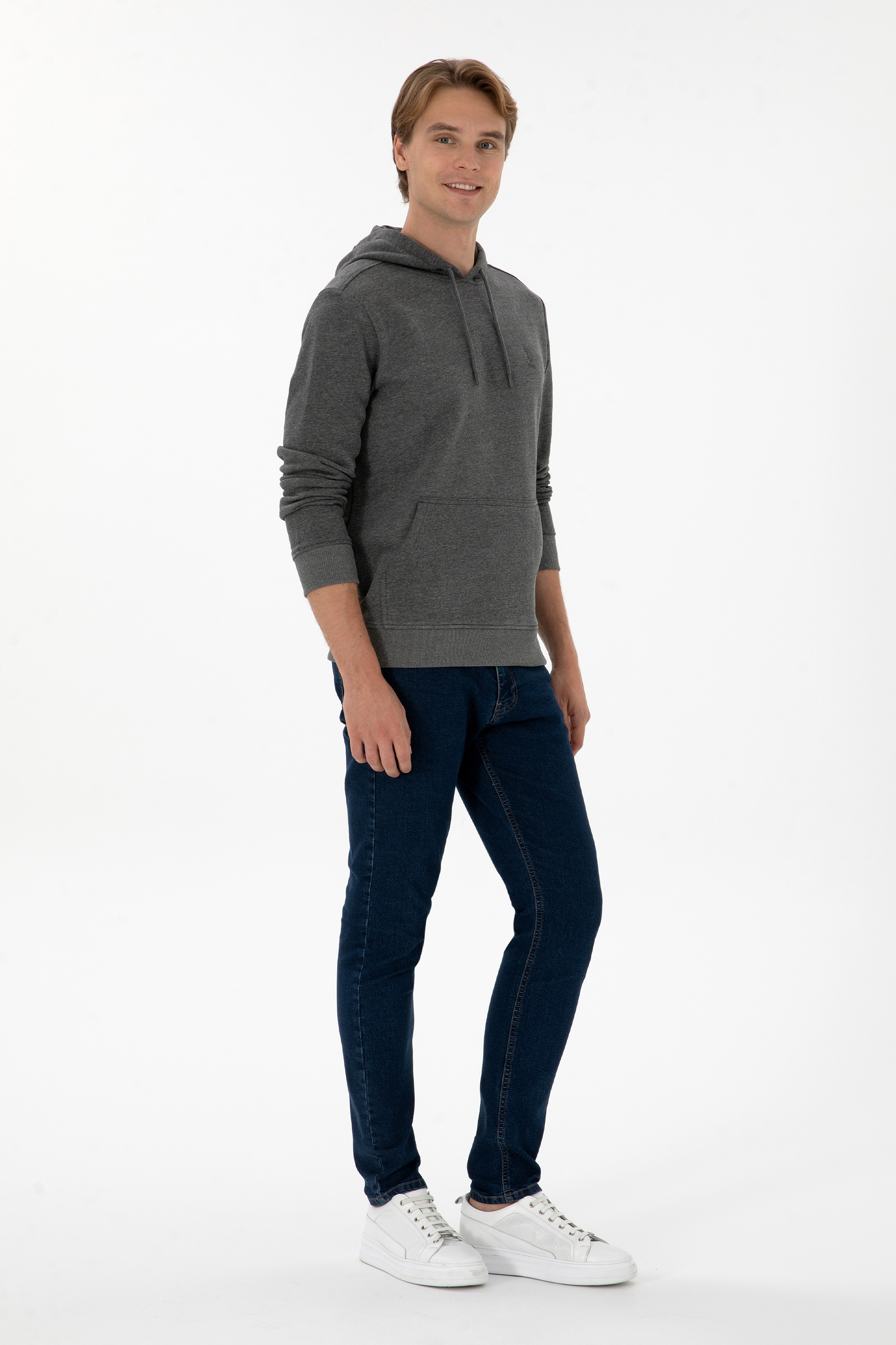 Erkek Regular Fit Kapüşonlu Antrasit Melanj Basic Sweatshirt