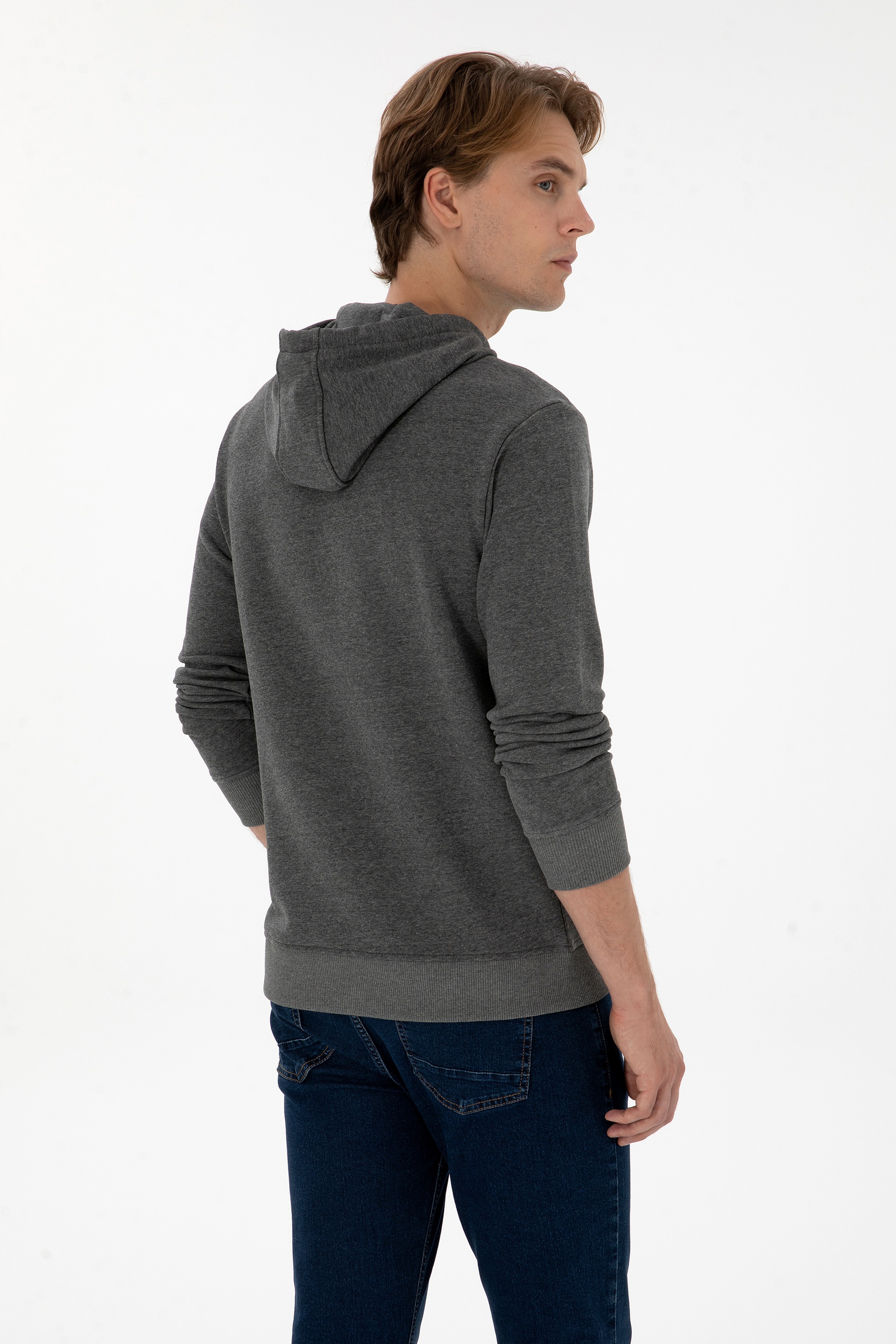 Erkek Regular Fit Kapüşonlu Antrasit Melanj Basic Sweatshirt - Image 5