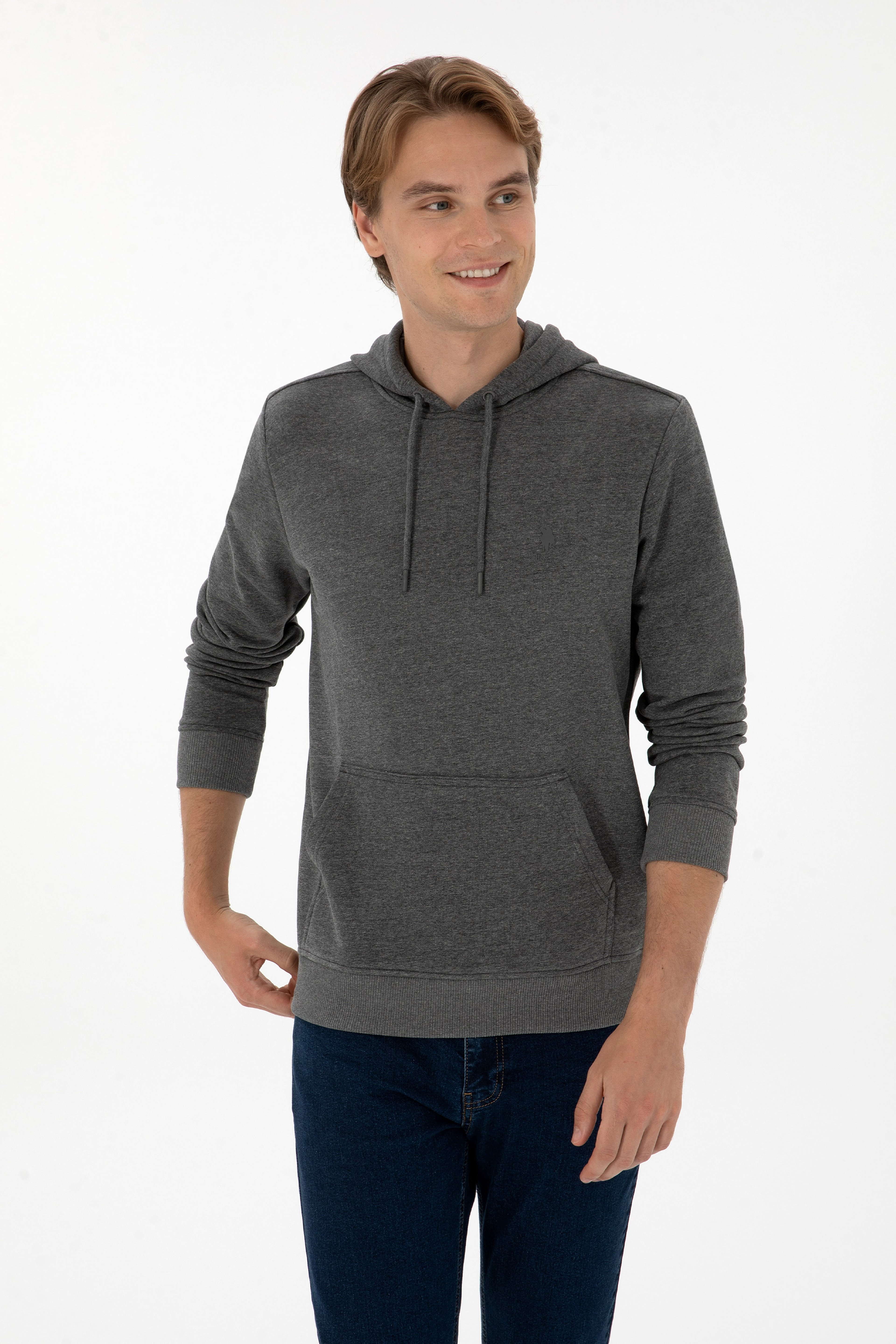 Erkek Regular Fit Kapüşonlu Antrasit Melanj Basic Sweatshirt