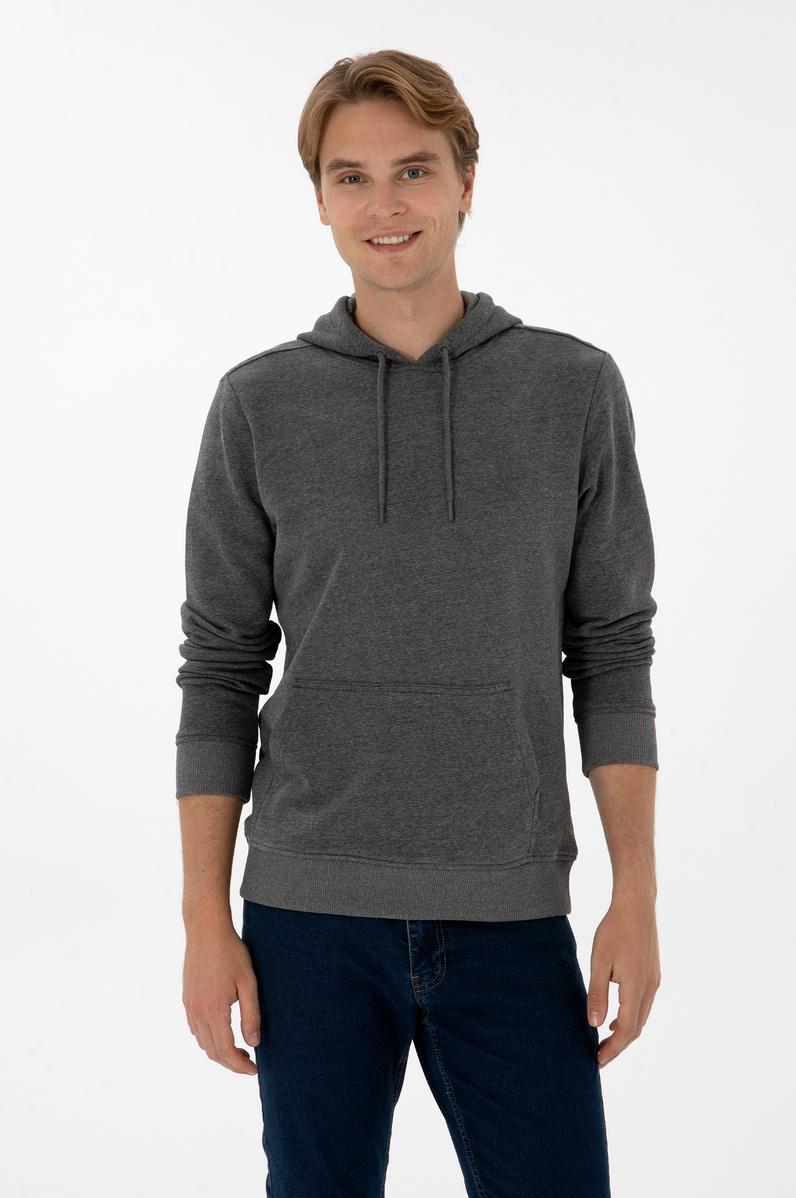 Erkek Regular Fit Kapüşonlu Antrasit Melanj Basic Sweatshirt