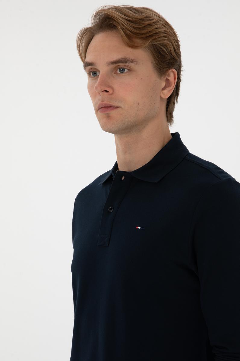 Erkek Regular Fit Polo Yaka Lacivert Basic Sweatshirt