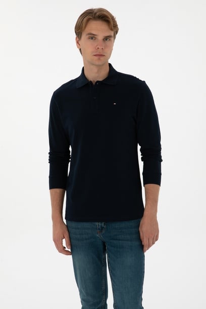 Erkek Regular Fit Polo Yaka Lacivert Basic Sweatshirt