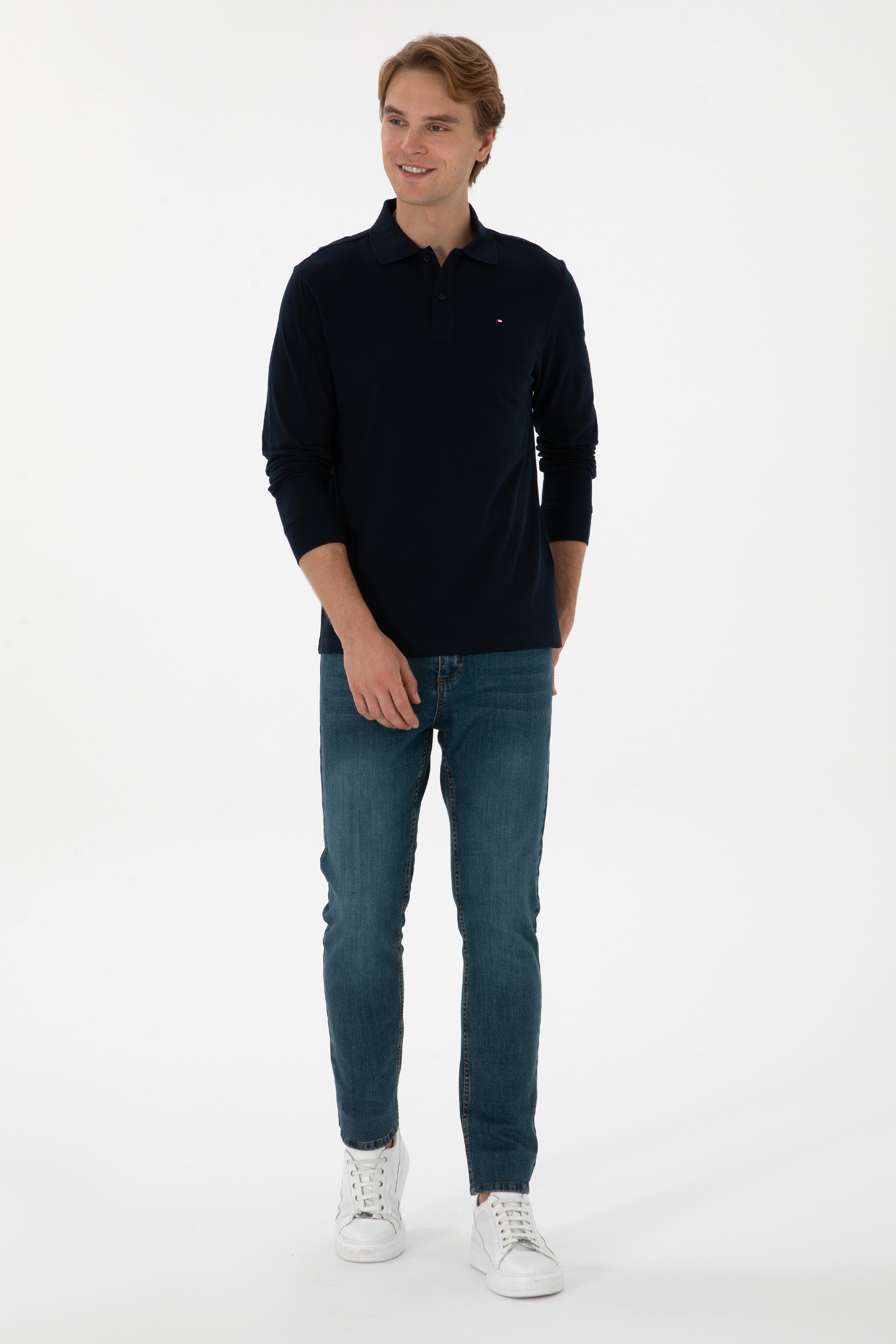 Erkek Regular Fit Polo Yaka Lacivert Basic Sweatshirt - Image 4