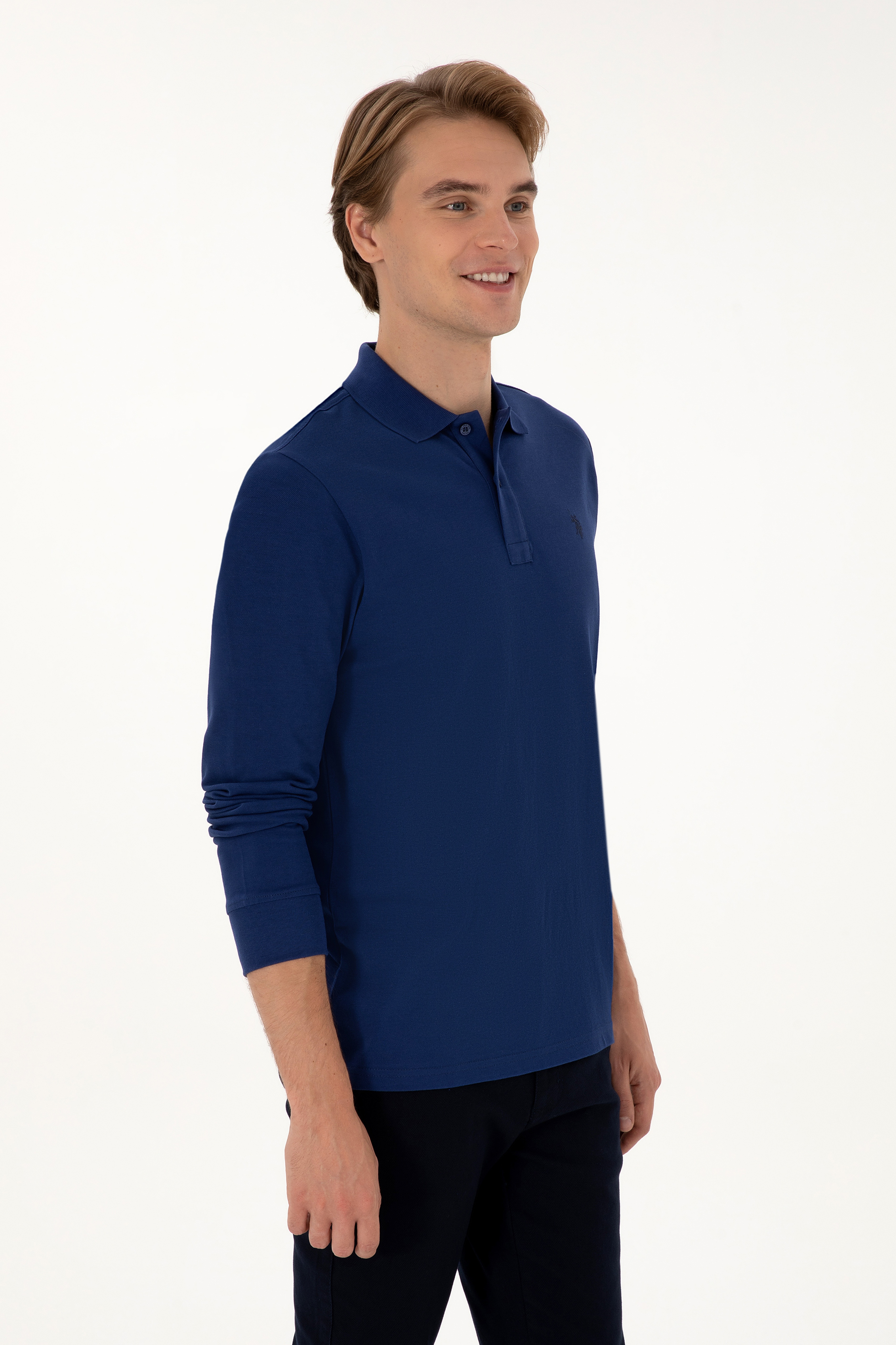 Erkek Regular Fit Polo Yaka İndigo Basic Sweatshirt