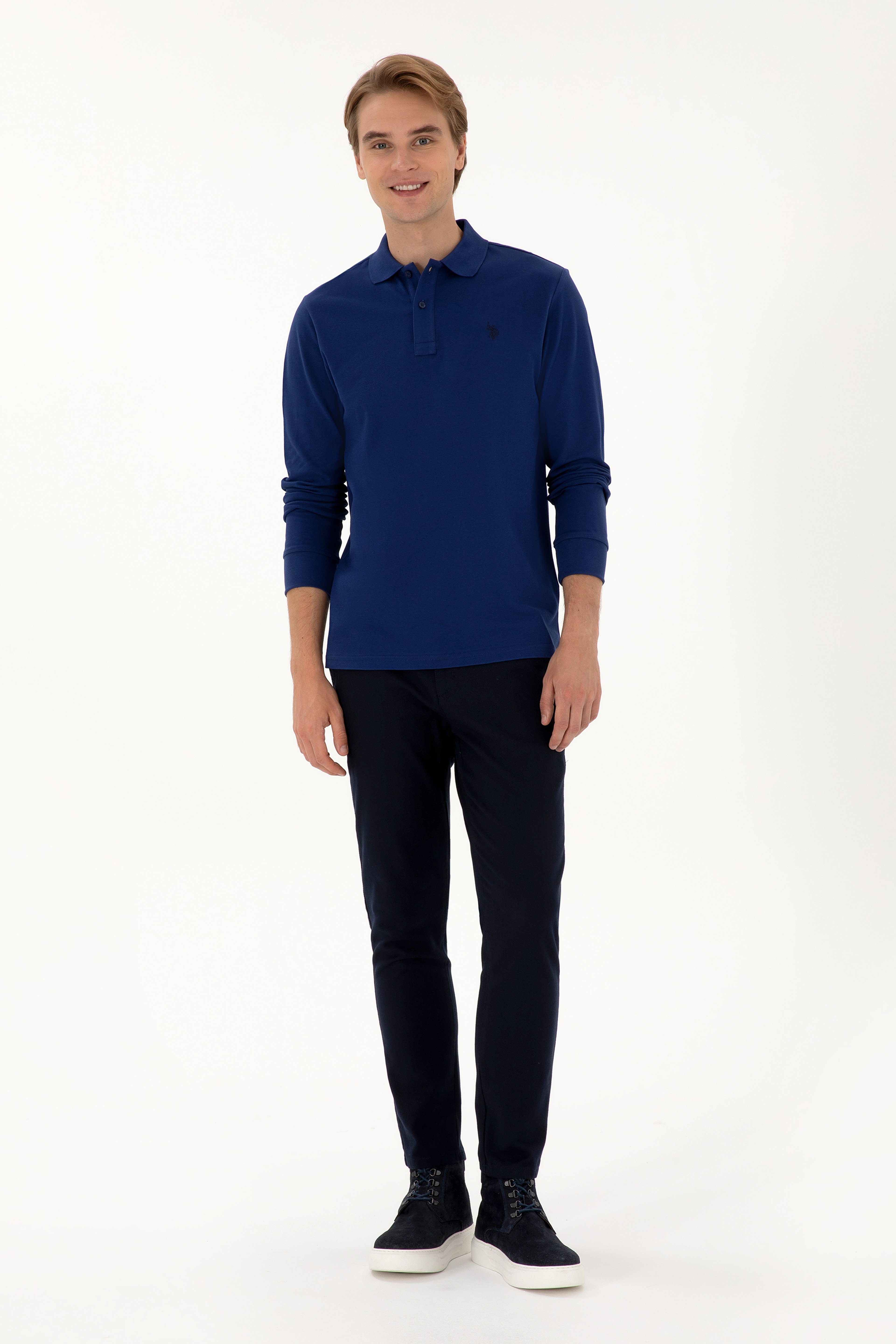 Erkek Regular Fit Polo Yaka İndigo Basic Sweatshirt