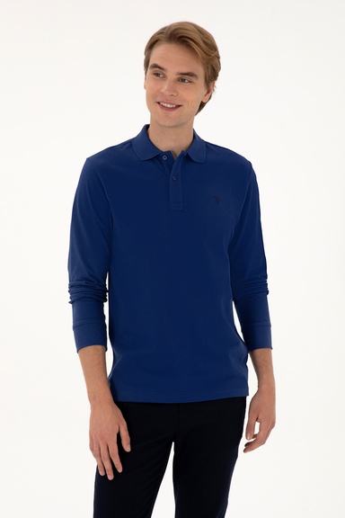 Erkek Regular Fit Polo Yaka İndigo Basic Sweatshirt