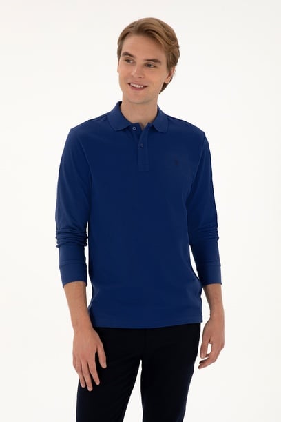 Erkek Regular Fit Polo Yaka İndigo Basic Sweatshirt