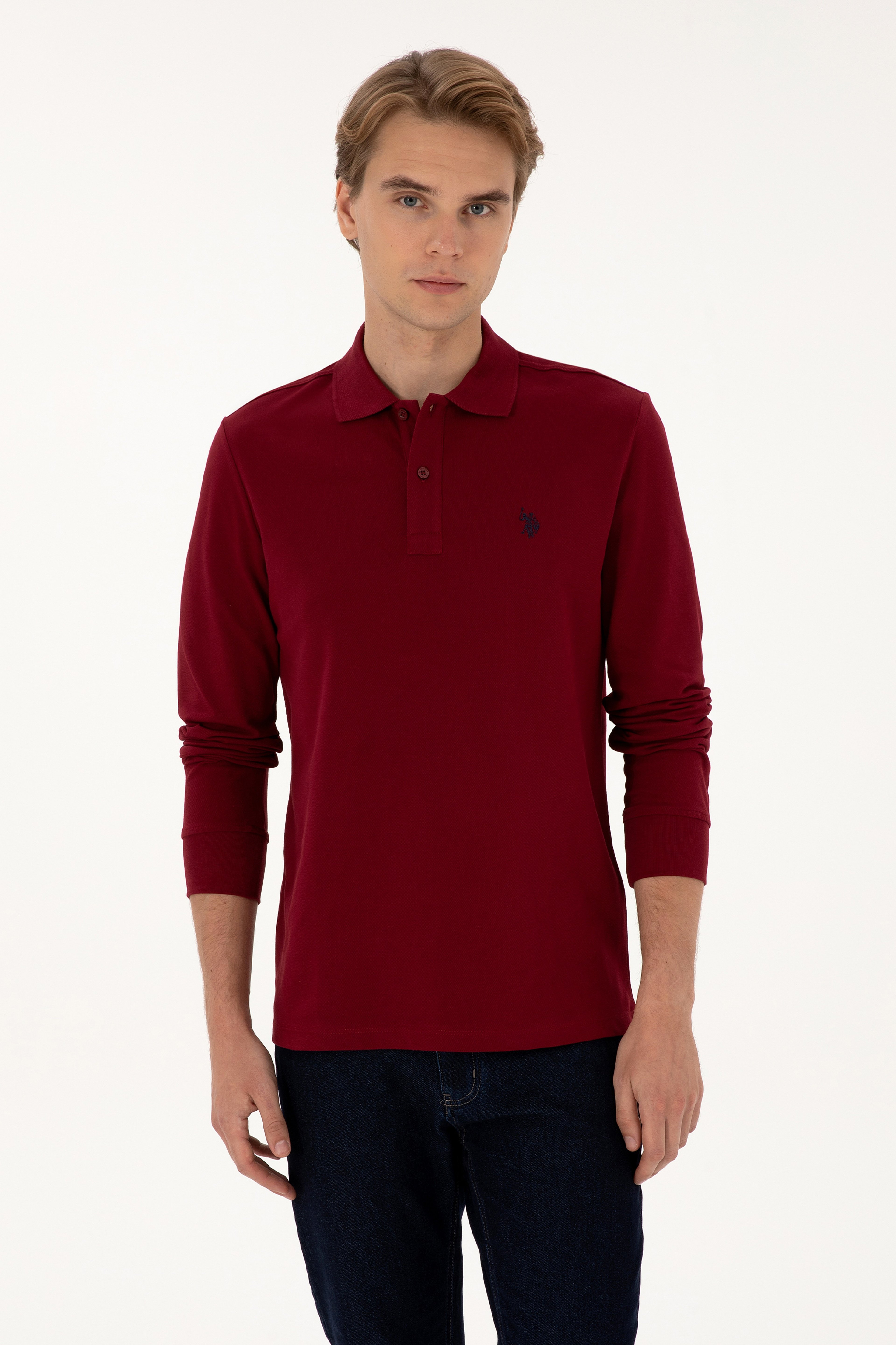 Erkek Regular Fit Polo Yaka Bordo Basic Sweatshirt
