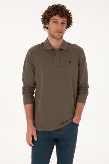 Erkek Regular Fit Polo Yaka Vizon Basic Sweatshirt