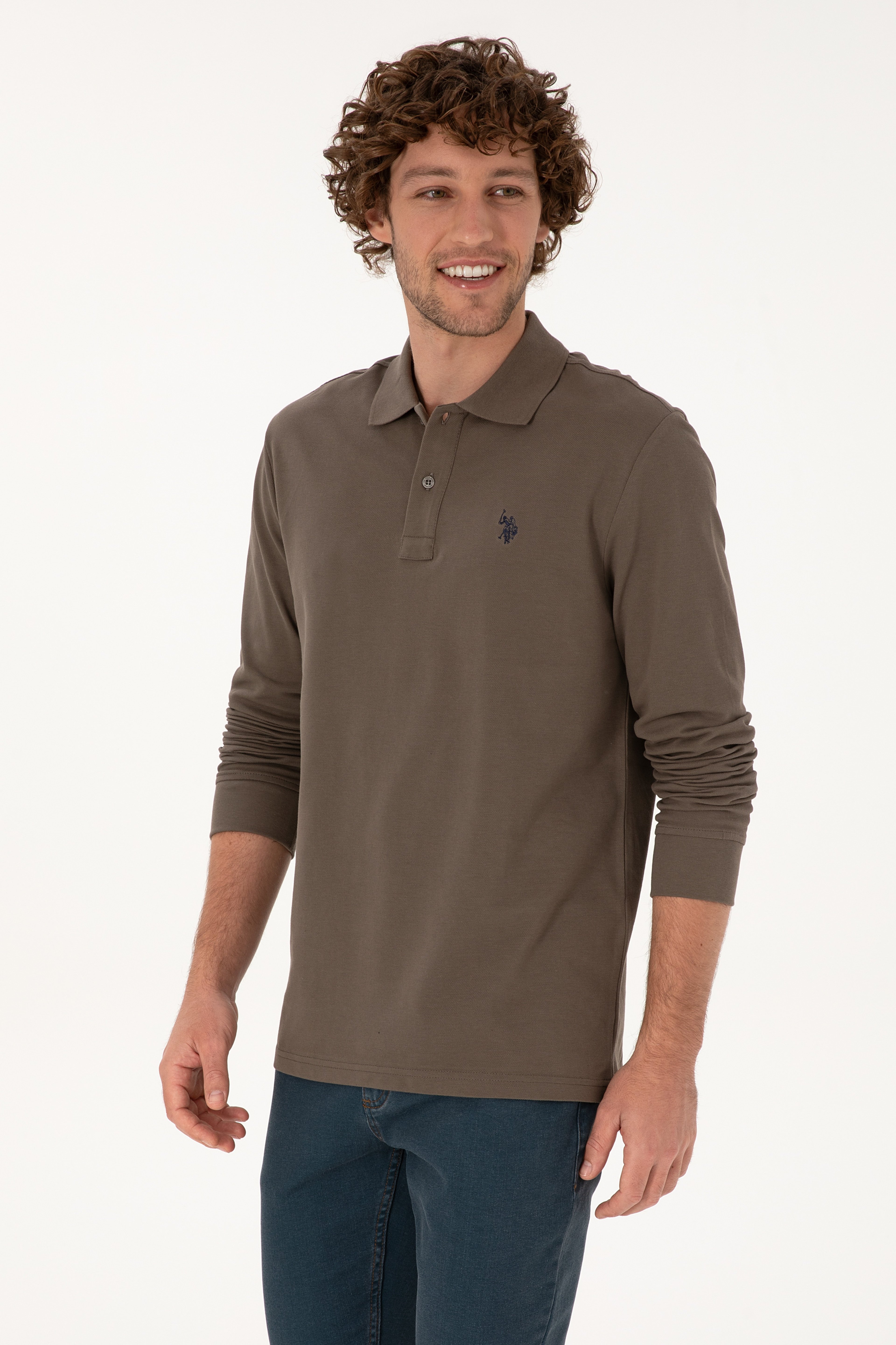 Erkek Regular Fit Polo Yaka Vizon Basic Sweatshirt
