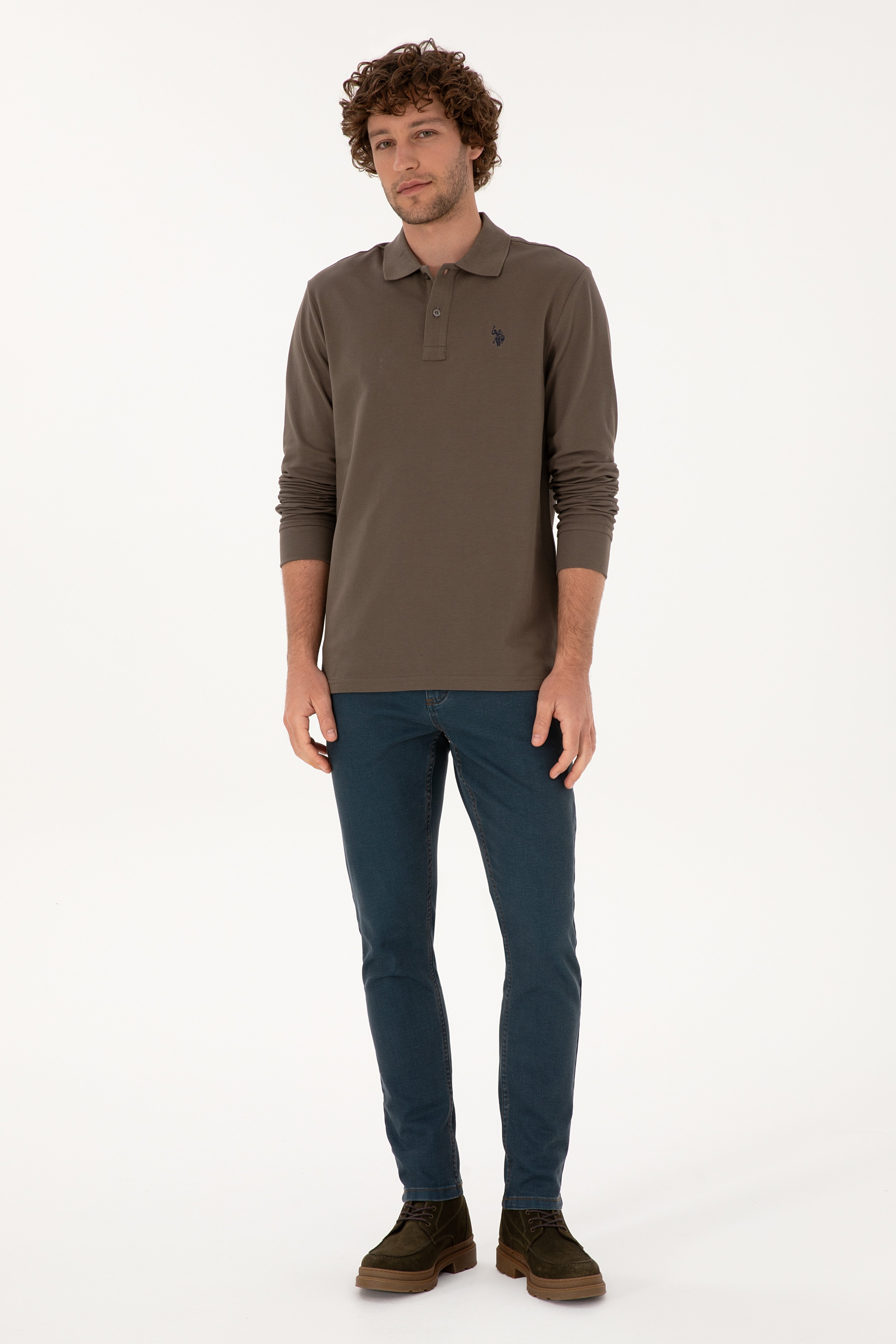 Erkek Regular Fit Polo Yaka Vizon Basic Sweatshirt - Image 4