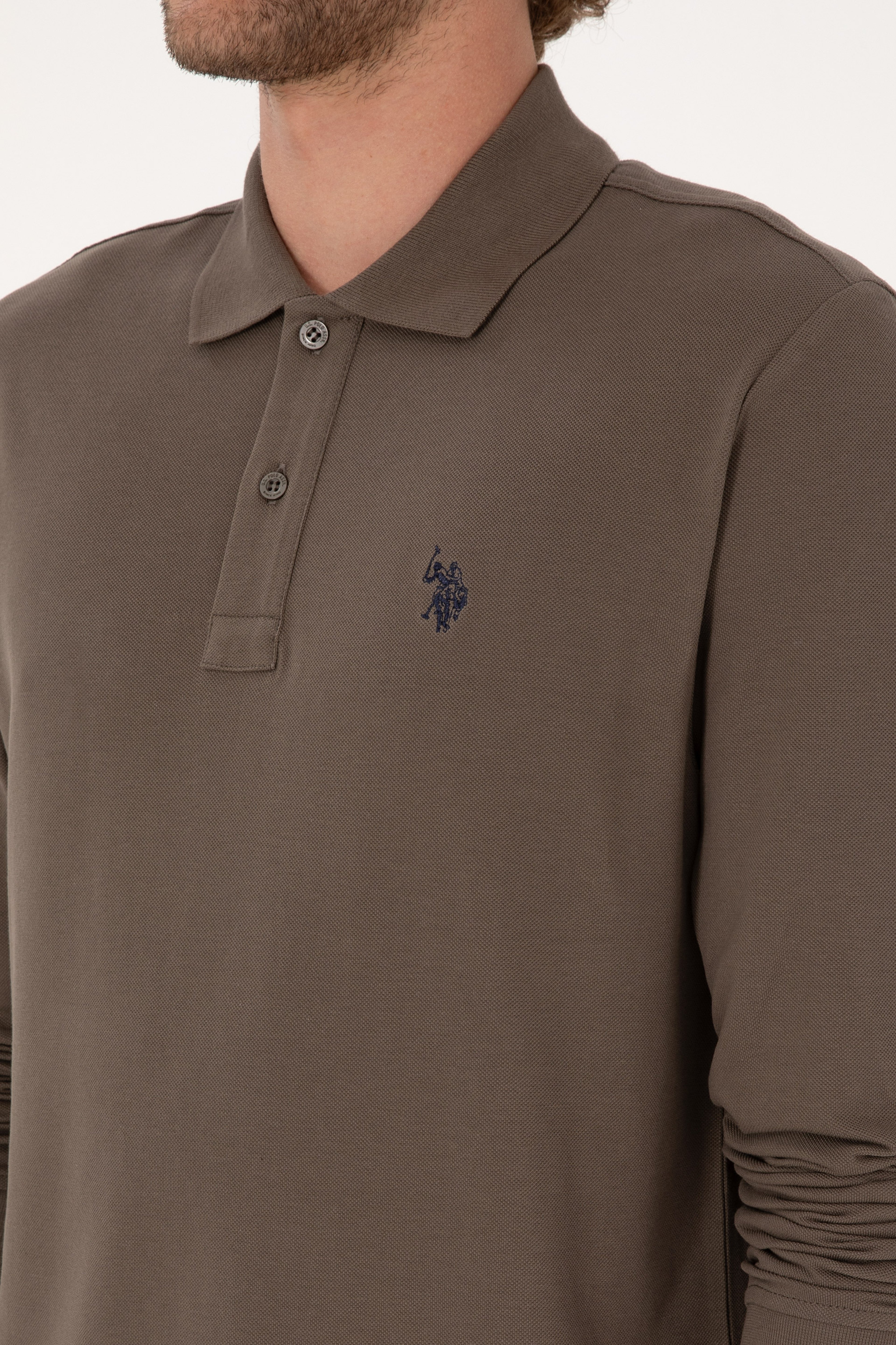 Erkek Regular Fit Polo Yaka Vizon Basic Sweatshirt