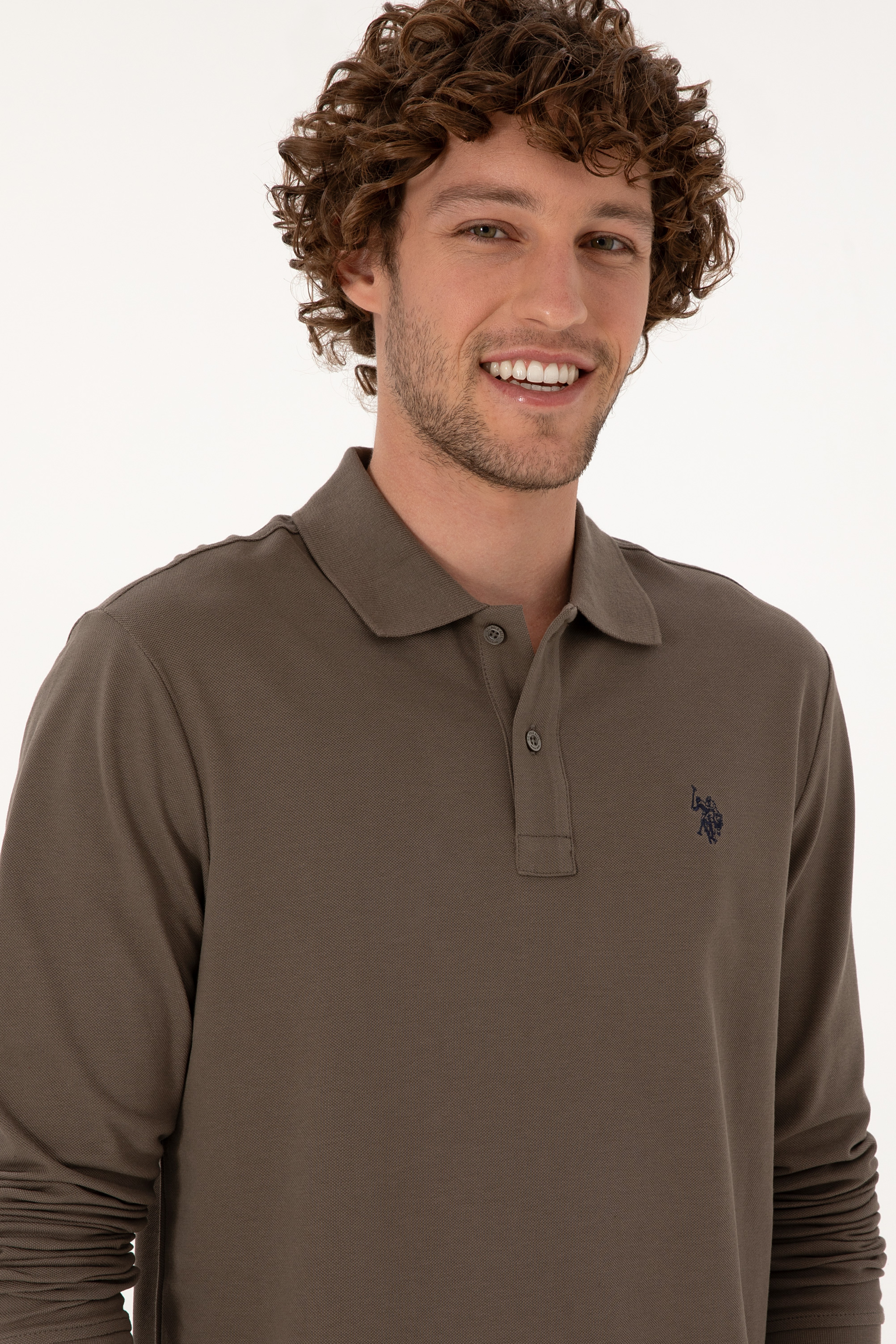 Erkek Regular Fit Polo Yaka Vizon Basic Sweatshirt - Image 2