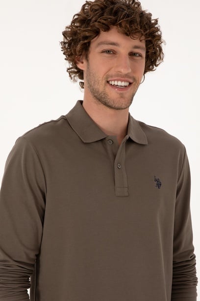 Erkek Regular Fit Polo Yaka Vizon Basic Sweatshirt