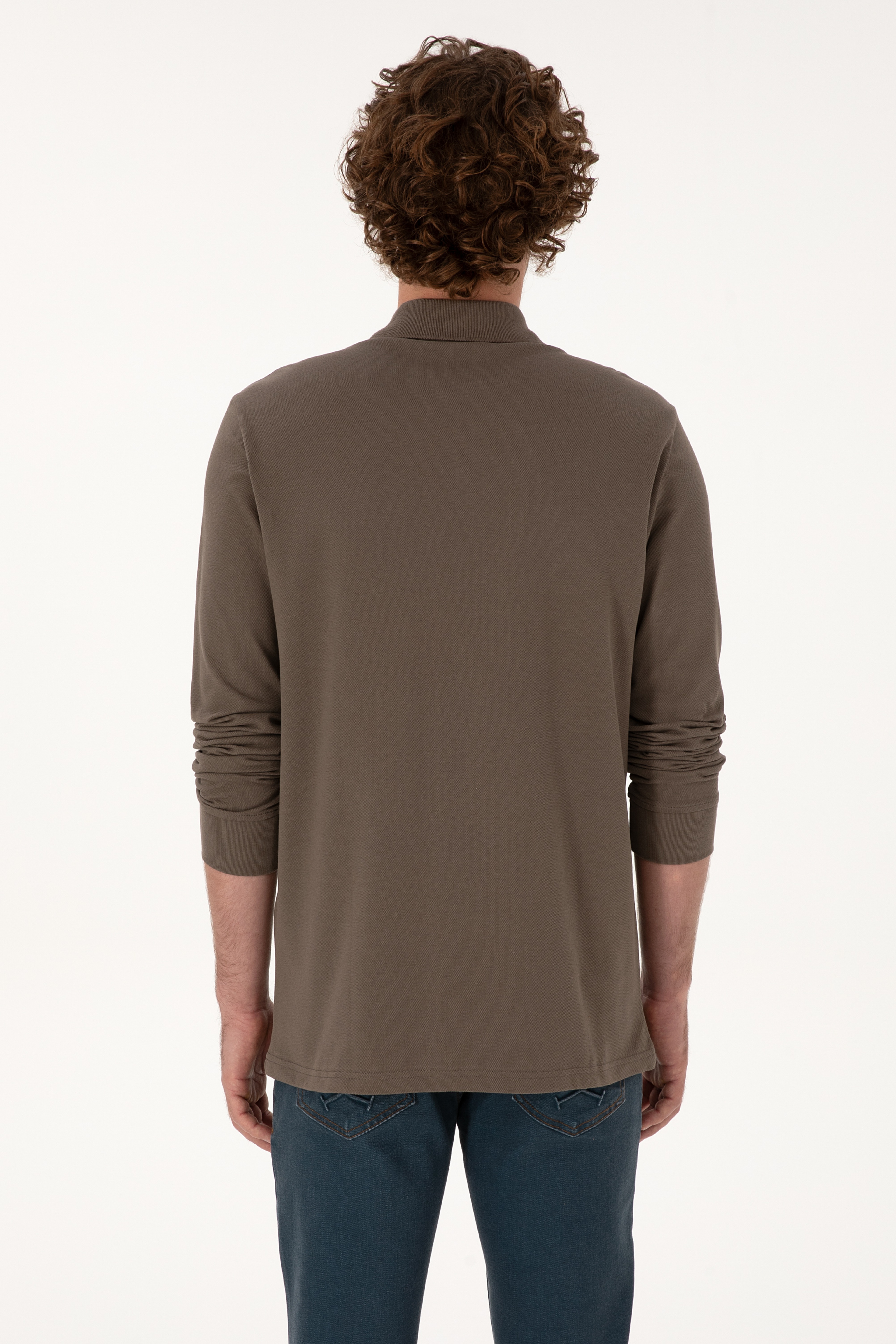 Erkek Regular Fit Polo Yaka Vizon Basic Sweatshirt - Image 5