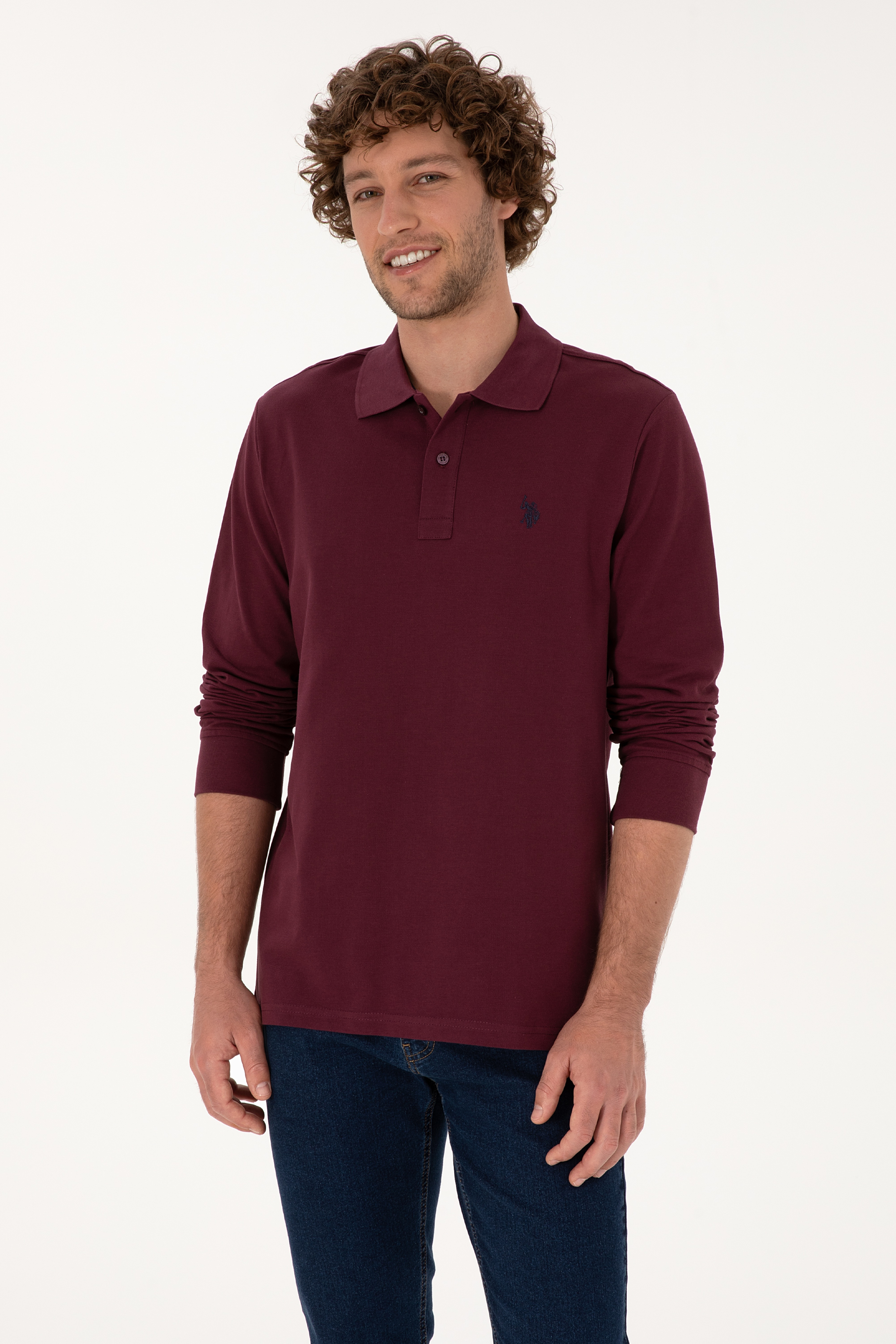 Erkek Regular Fit Polo Yaka Bordo Basic Sweatshirt