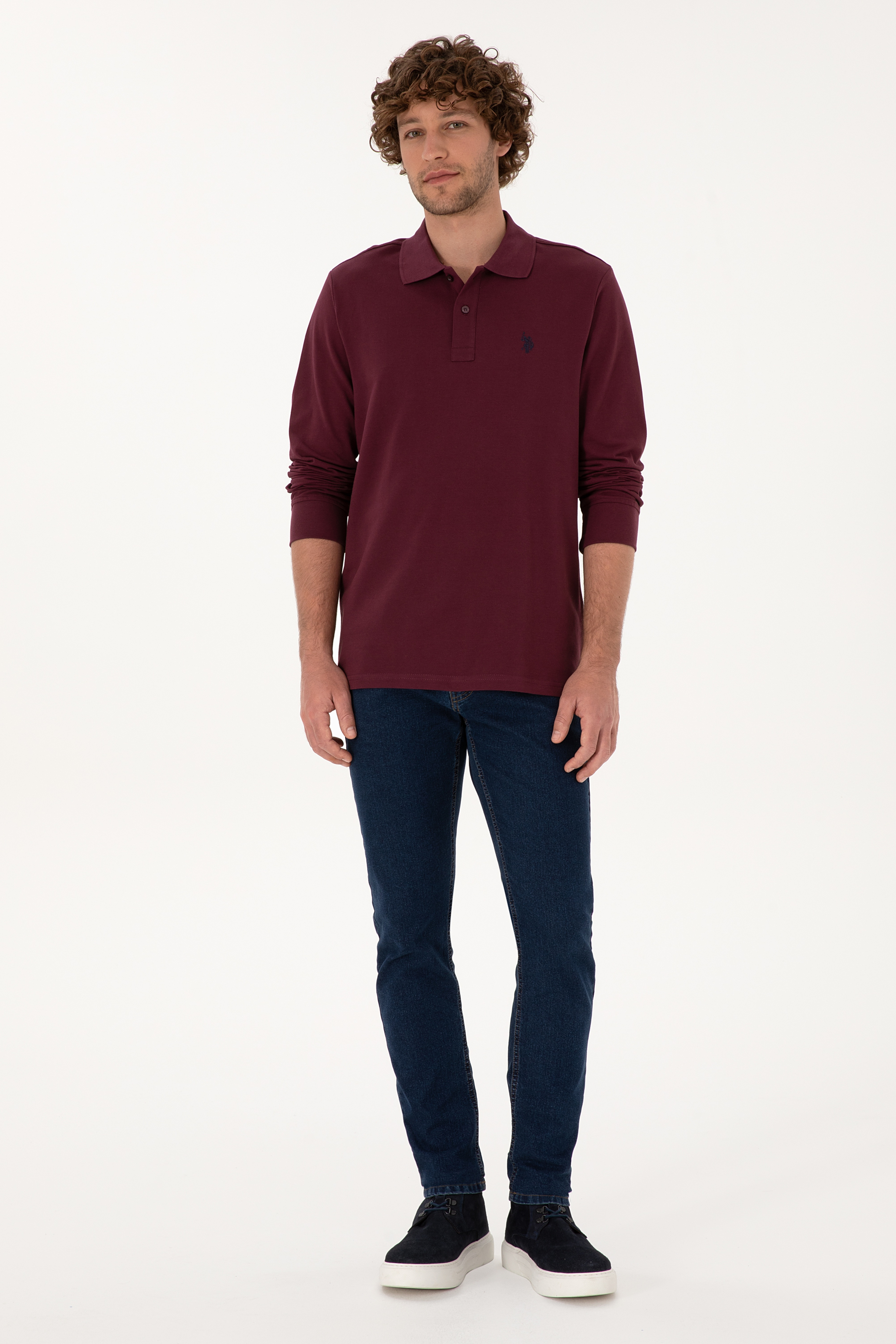 Erkek Regular Fit Polo Yaka Bordo Basic Sweatshirt