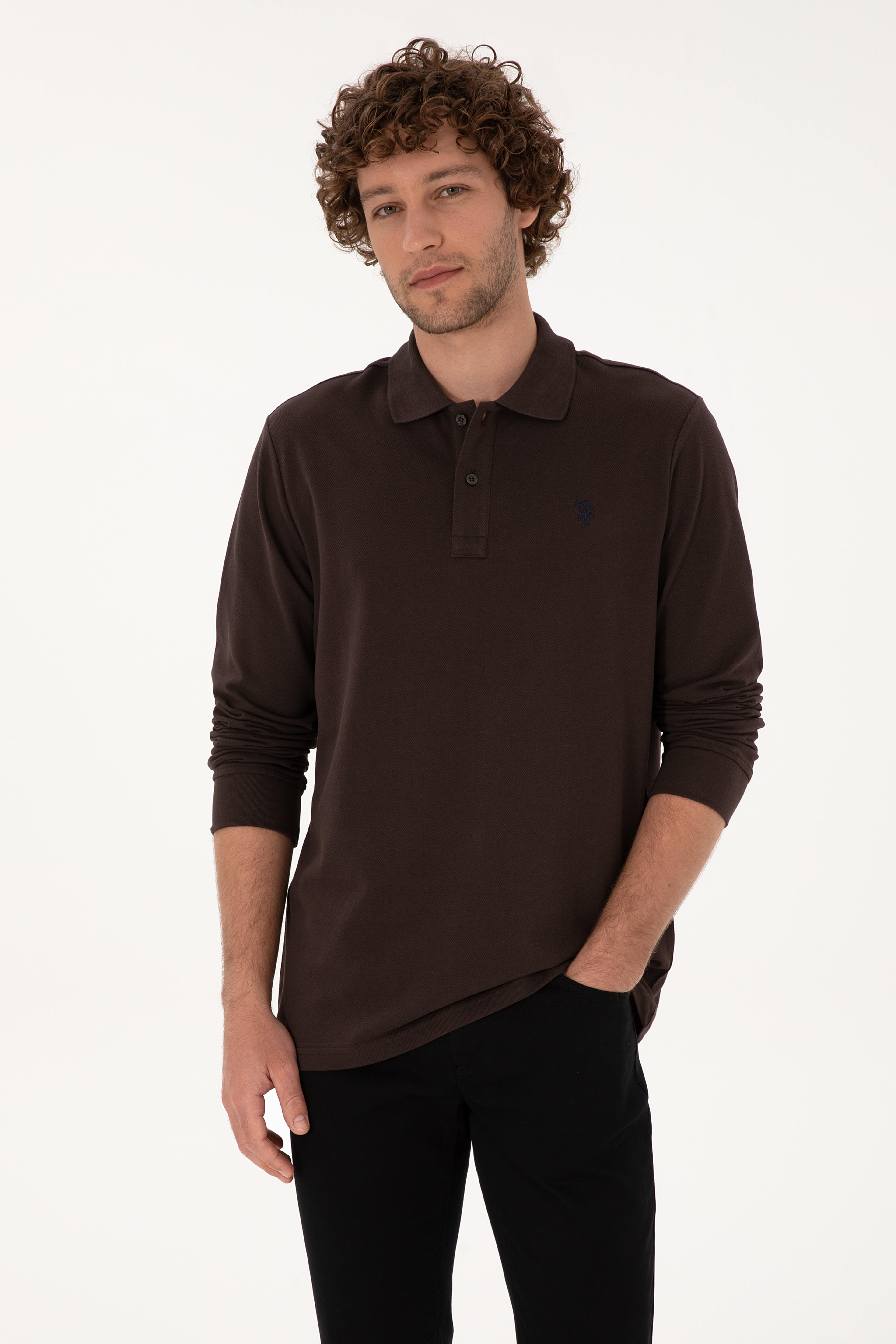 Erkek Regular Fit Polo Yaka Koyu Kahverengi Basic Sweatshirt