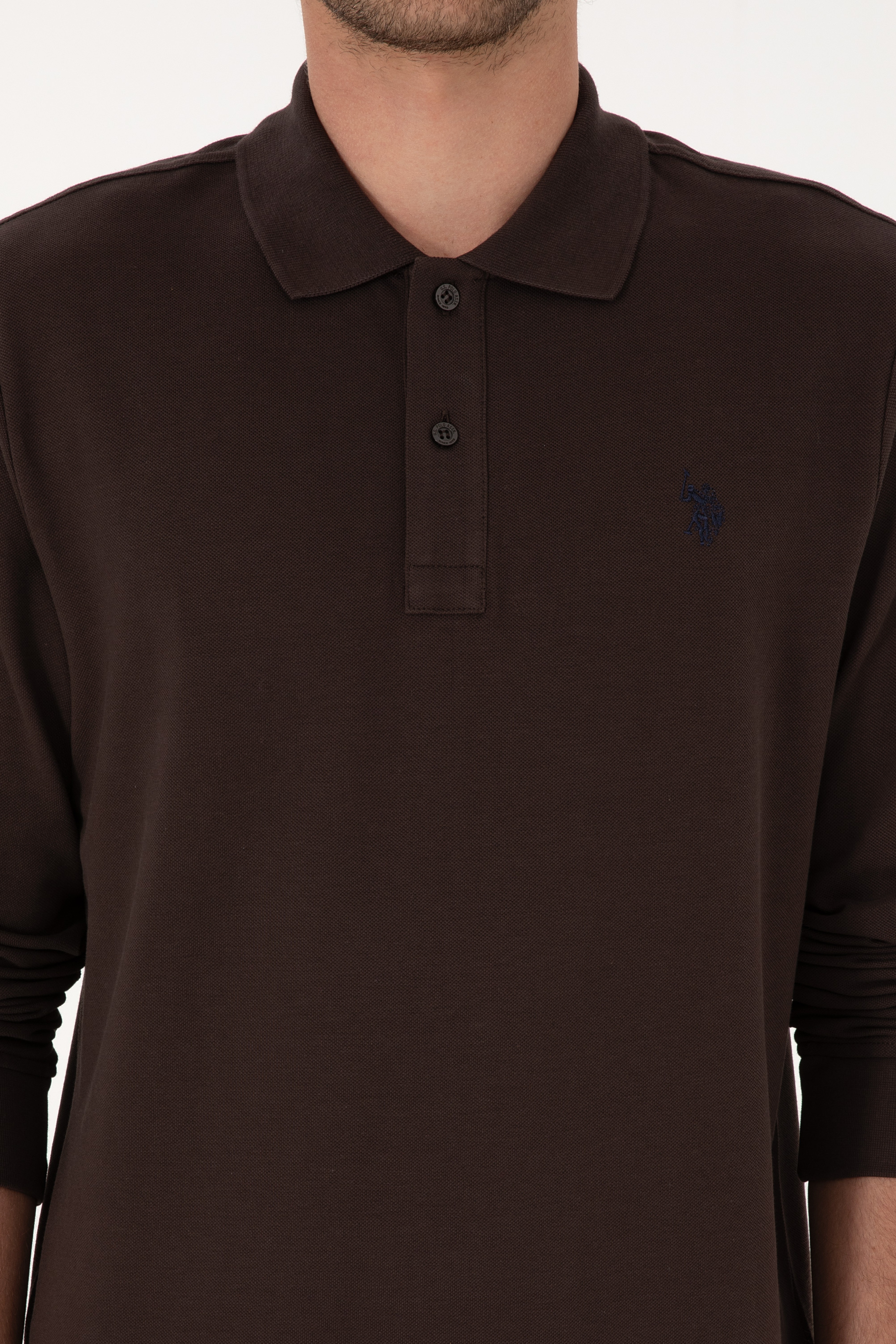 Erkek Regular Fit Polo Yaka Koyu Kahverengi Basic Sweatshirt - Image 6