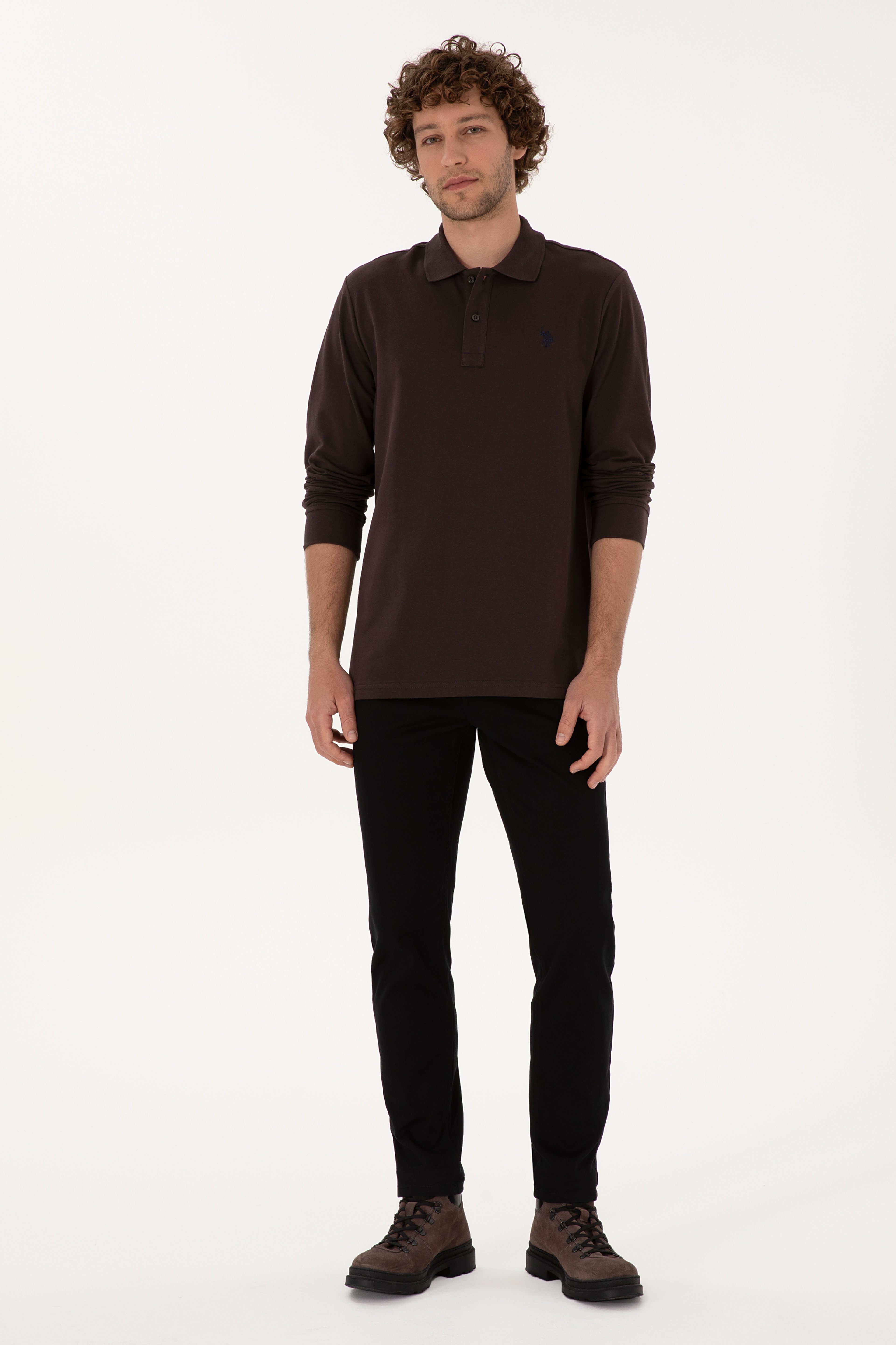 Erkek Regular Fit Polo Yaka Koyu Kahverengi Basic Sweatshirt