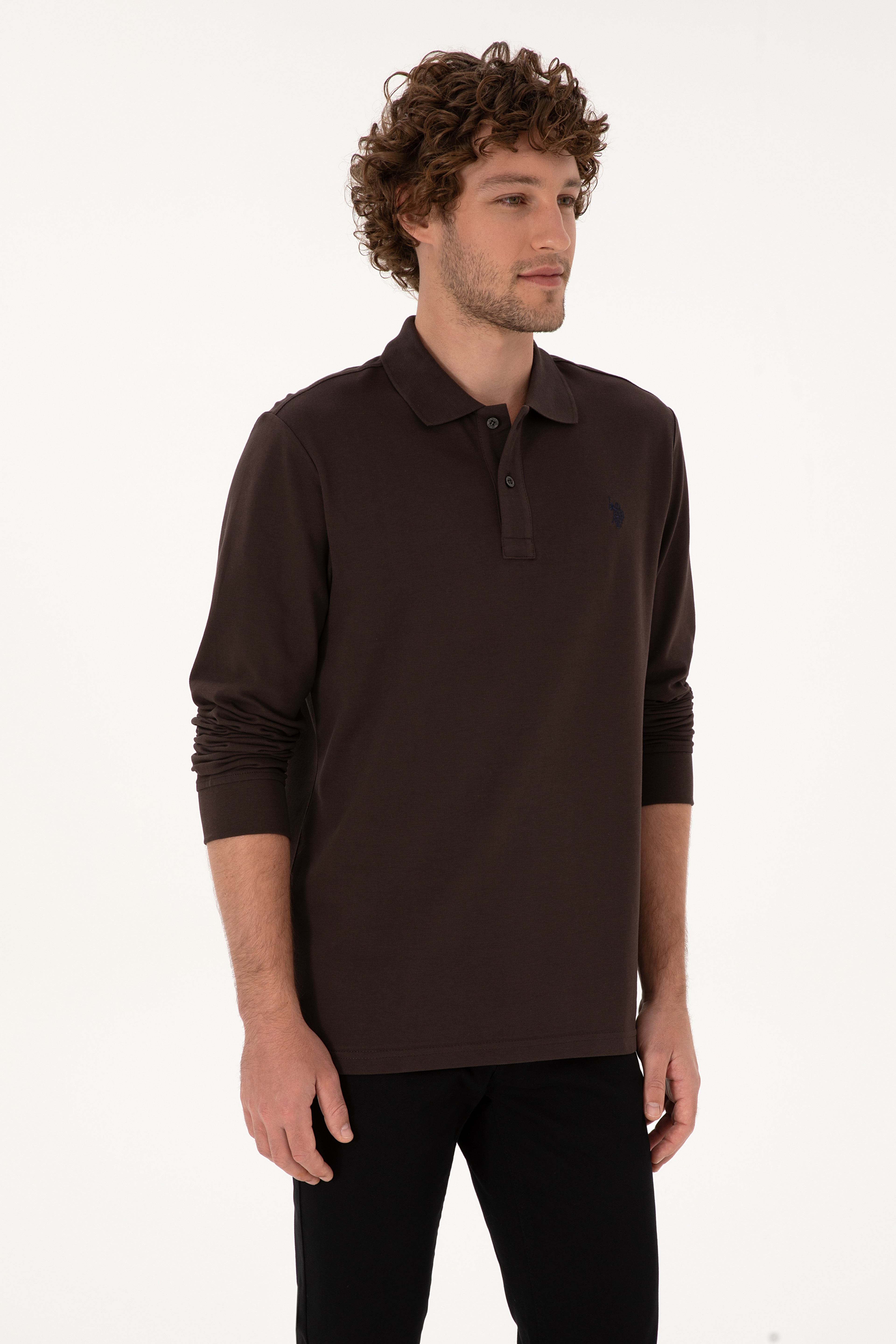 Erkek Regular Fit Polo Yaka Koyu Kahverengi Basic Sweatshirt