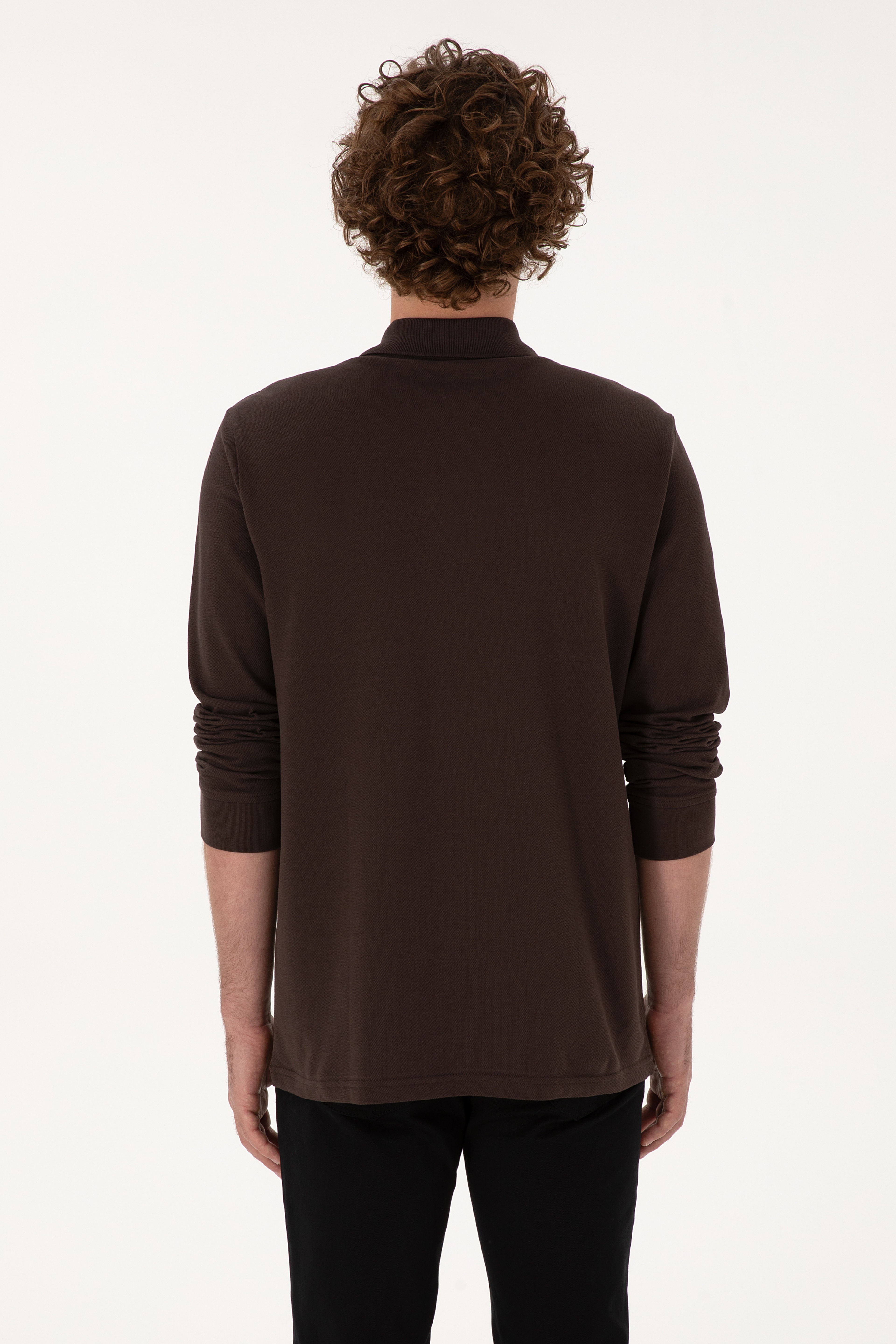 Erkek Regular Fit Polo Yaka Koyu Kahverengi Basic Sweatshirt