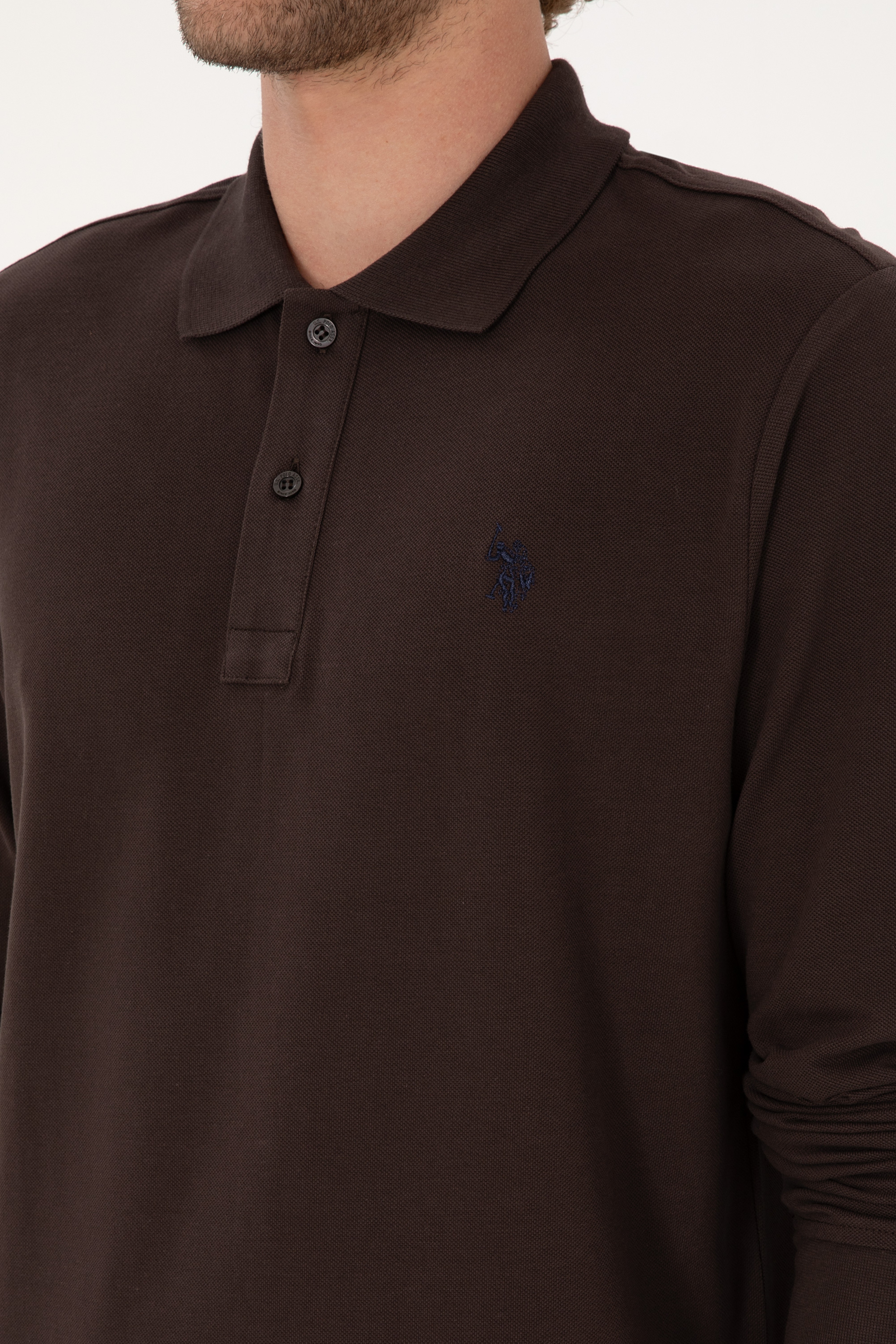 Erkek Regular Fit Polo Yaka Koyu Kahverengi Basic Sweatshirt - Image 7