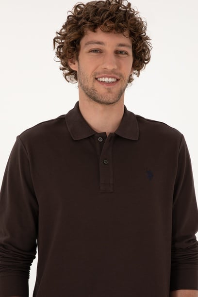 Erkek Regular Fit Polo Yaka Koyu Kahverengi Basic Sweatshirt