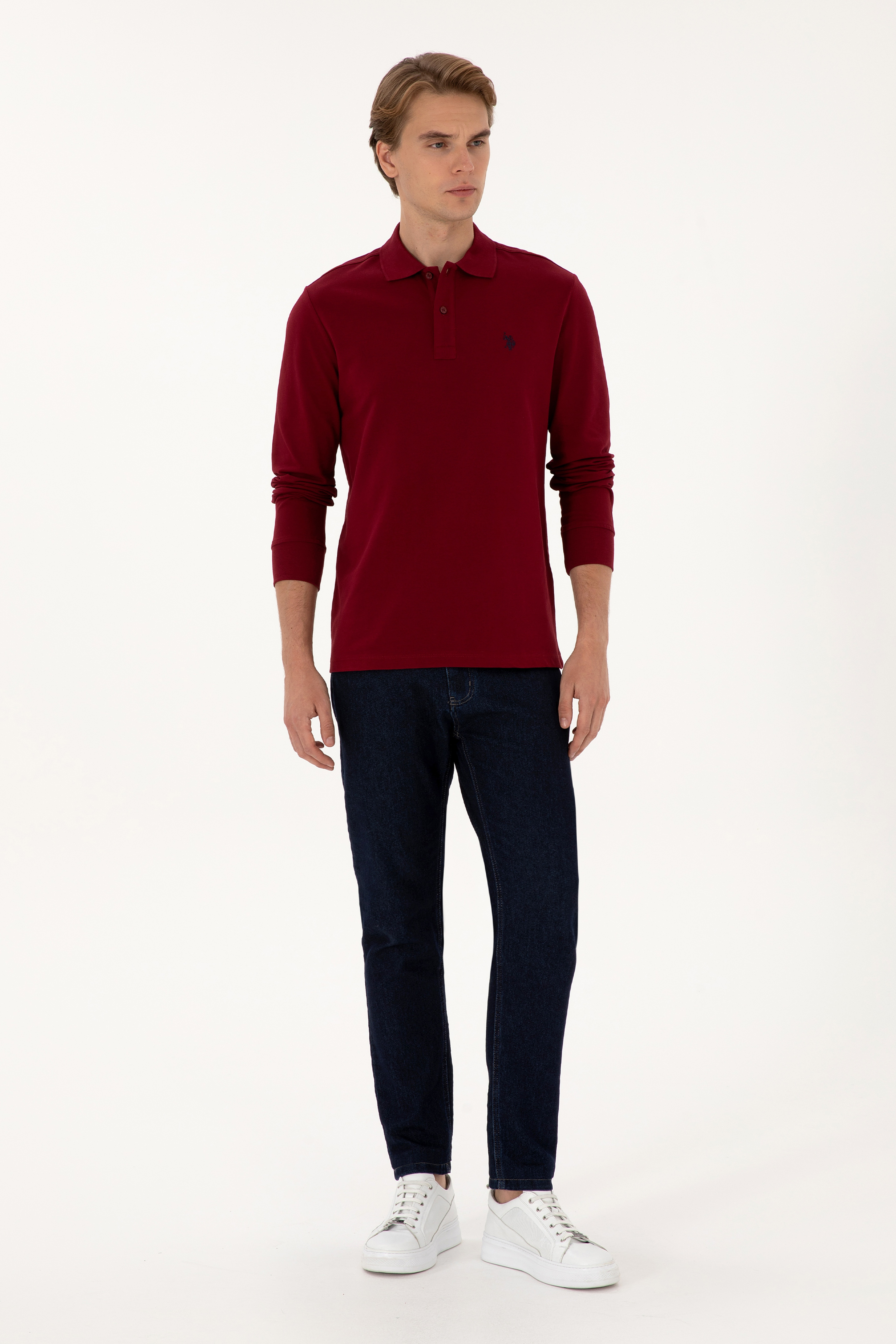 Erkek Regular Fit Polo Yaka Bordo Basic Sweatshirt - Image 4