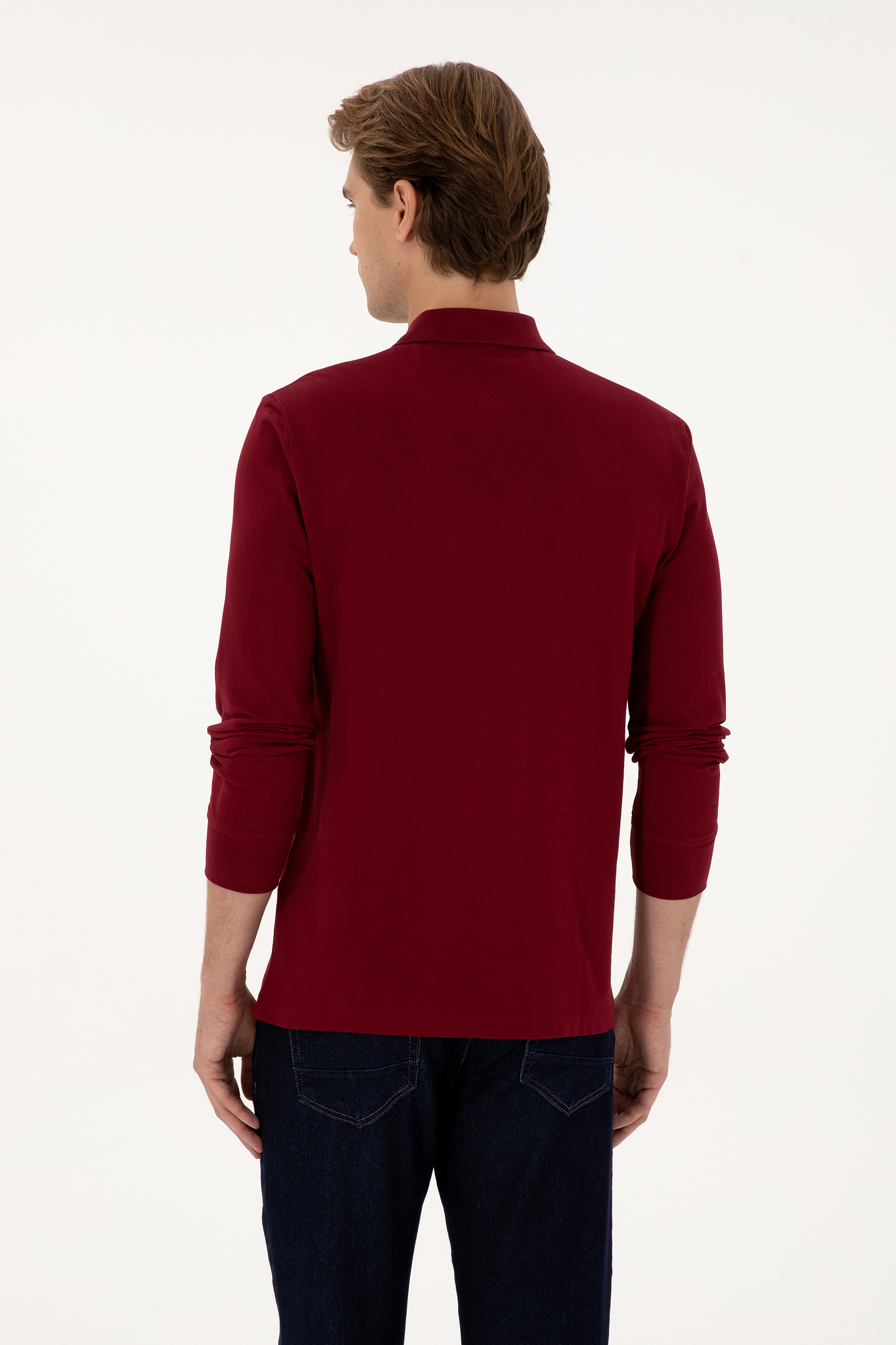 Erkek Regular Fit Polo Yaka Bordo Basic Sweatshirt