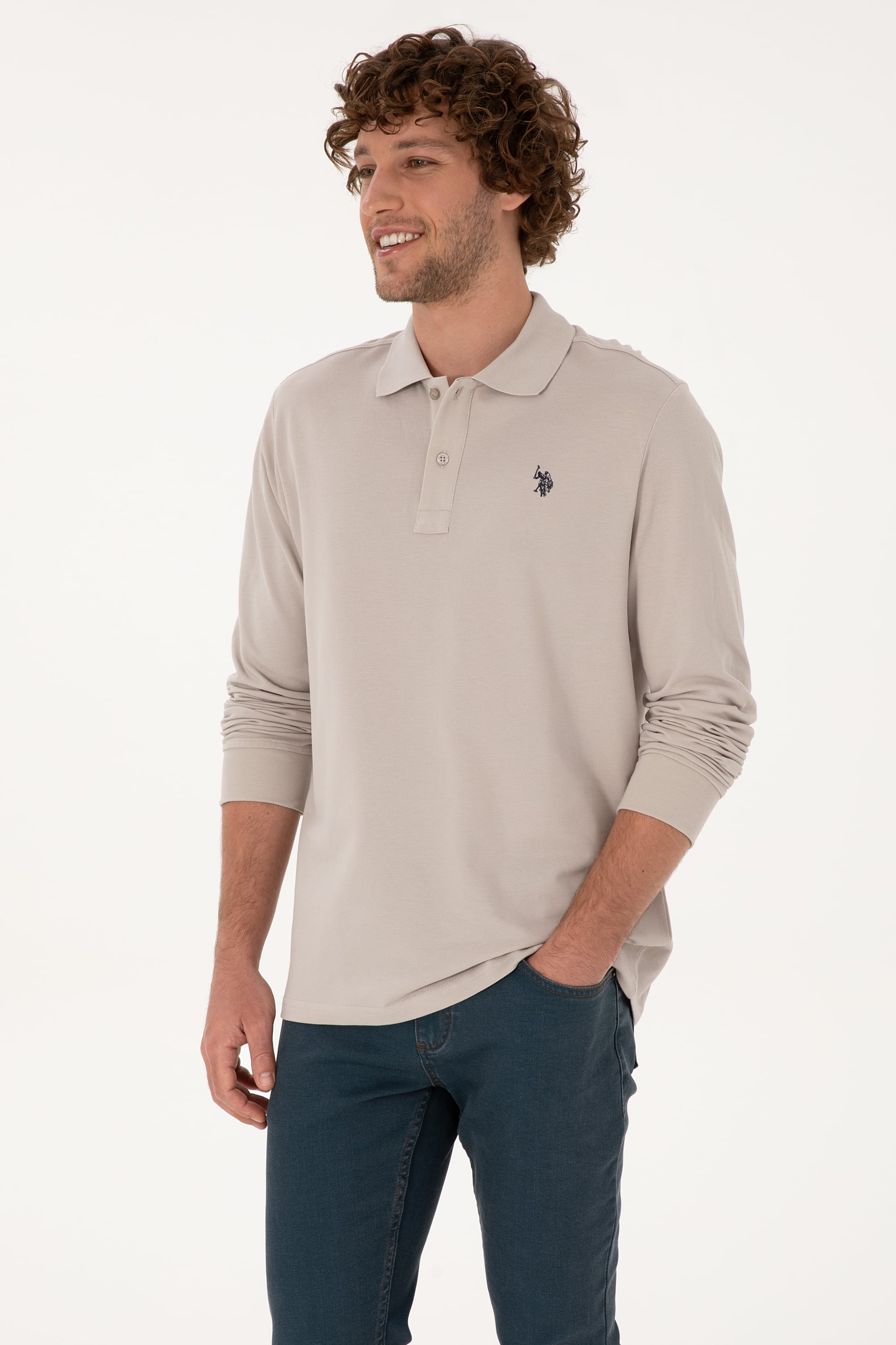 Erkek Regular Fit Polo Yaka Taş Basic Sweatshirt - Image 3
