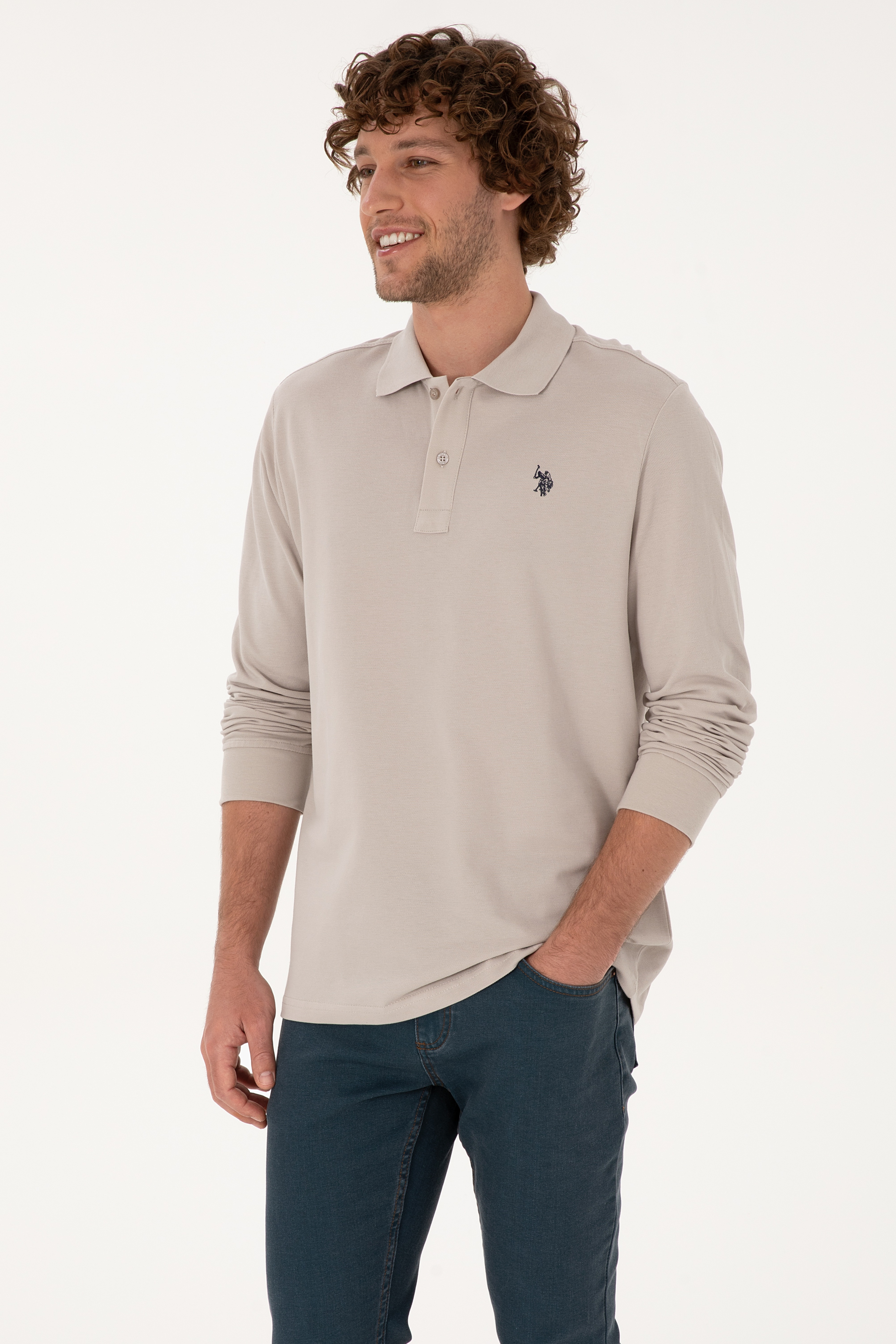 Erkek Regular Fit Polo Yaka Taş Basic Sweatshirt