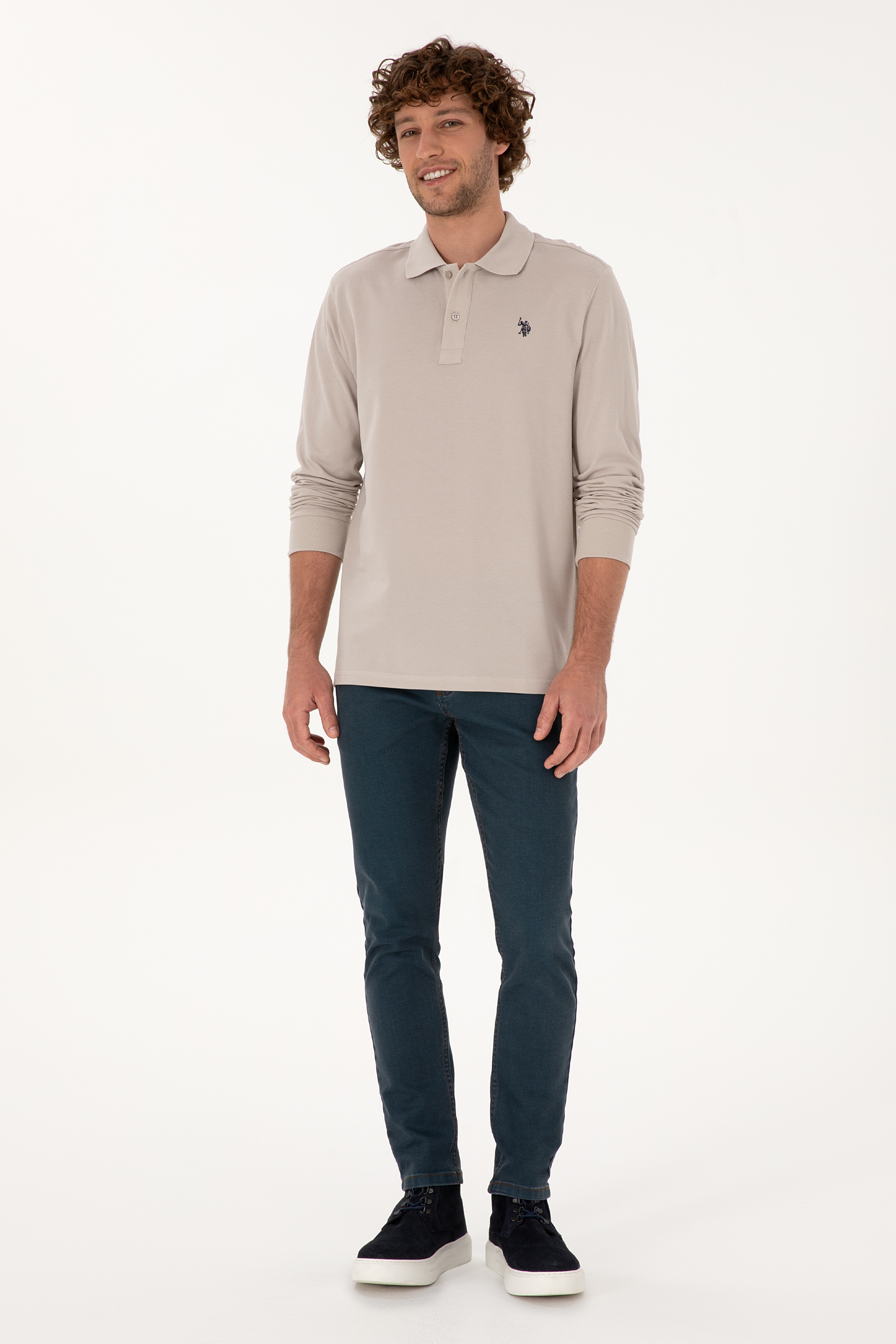 Erkek Regular Fit Polo Yaka Taş Basic Sweatshirt