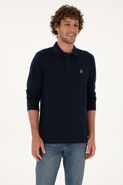 Erkek Regular Fit Polo Yaka Lacivert Basic Sweatshirt