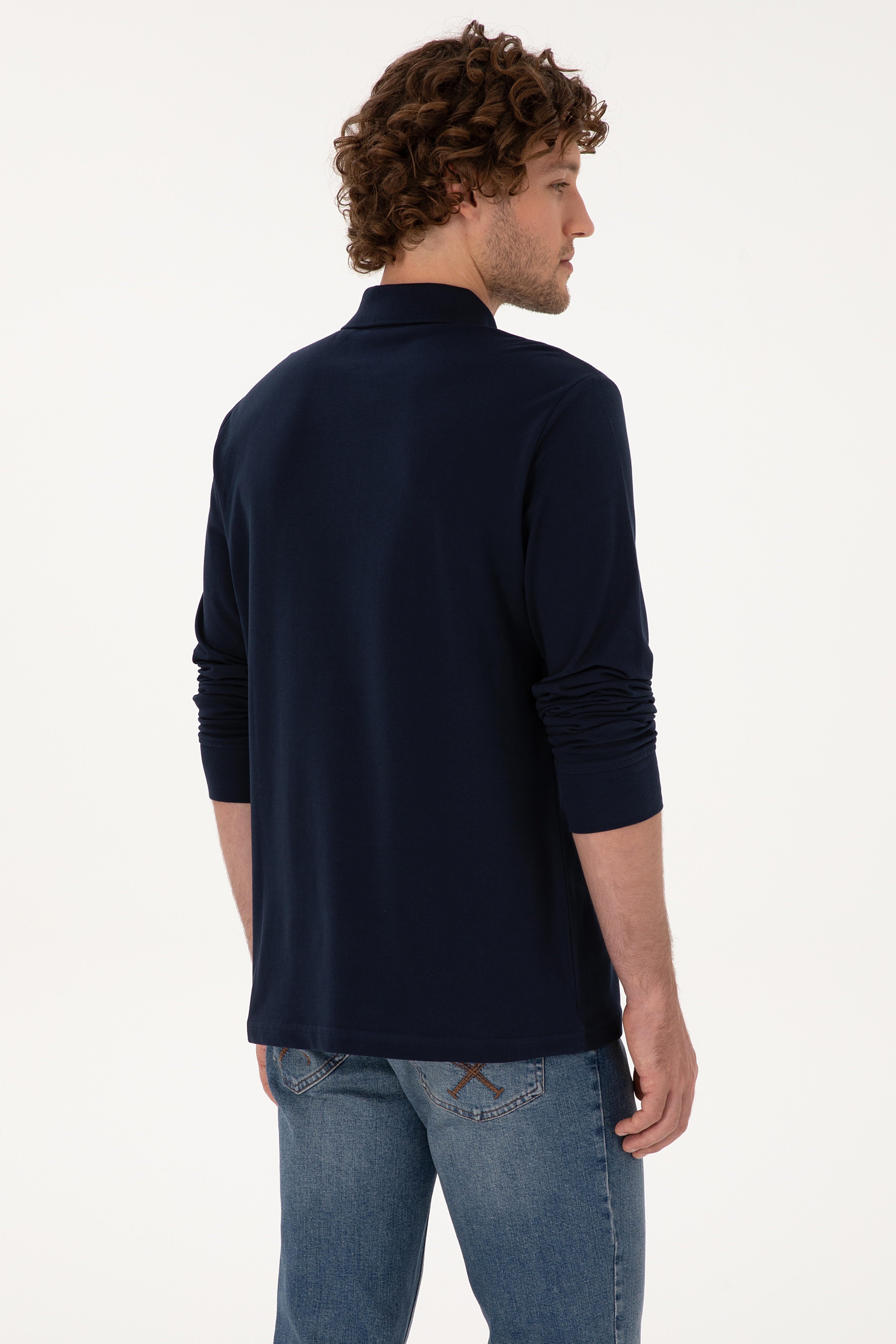 Erkek Regular Fit Polo Yaka Lacivert Basic Sweatshirt