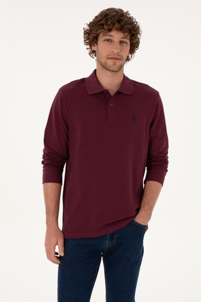 Erkek Regular Fit Polo Yaka Bordo Basic Sweatshirt