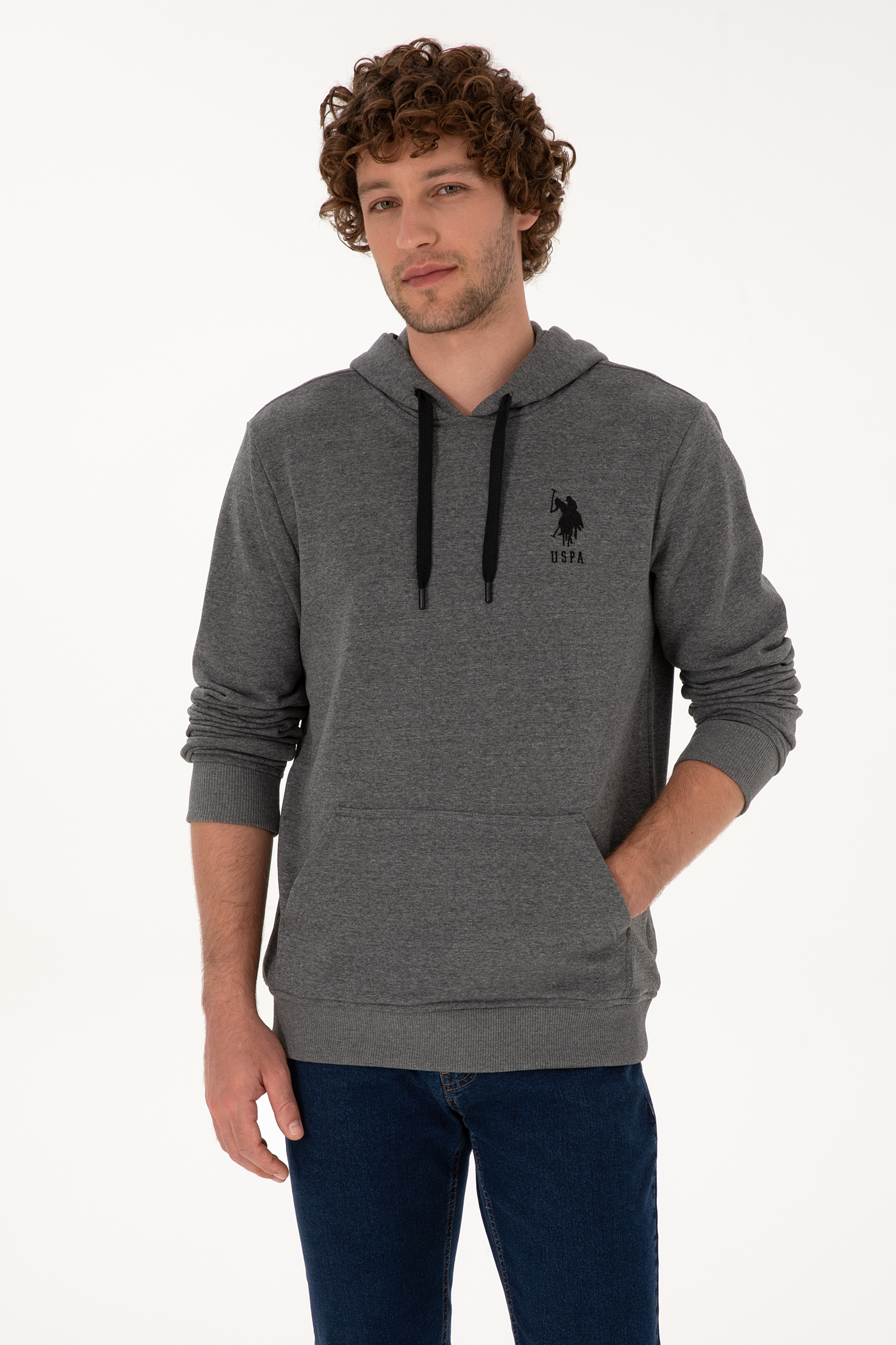 Erkek Regular Fit Kapüşonlu Antrasit Melanj Basic Sweatshirt - Image 1