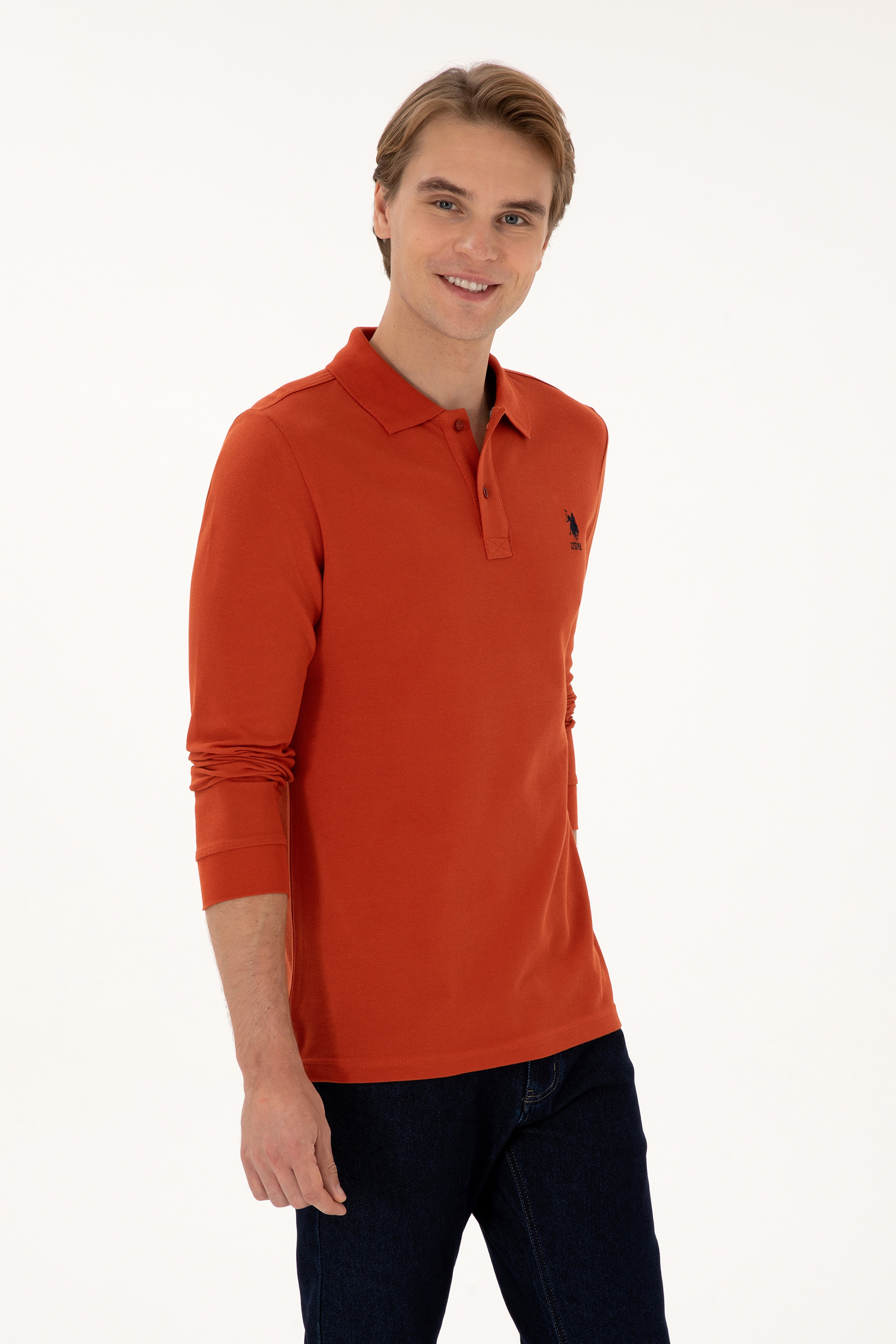 Erkek Regular Fit Polo Yaka Kiremit Basic Sweatshirt