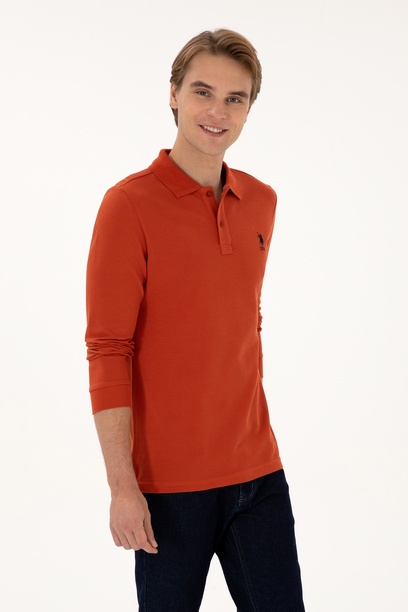 Erkek Regular Fit Polo Yaka Kiremit Basic Sweatshirt