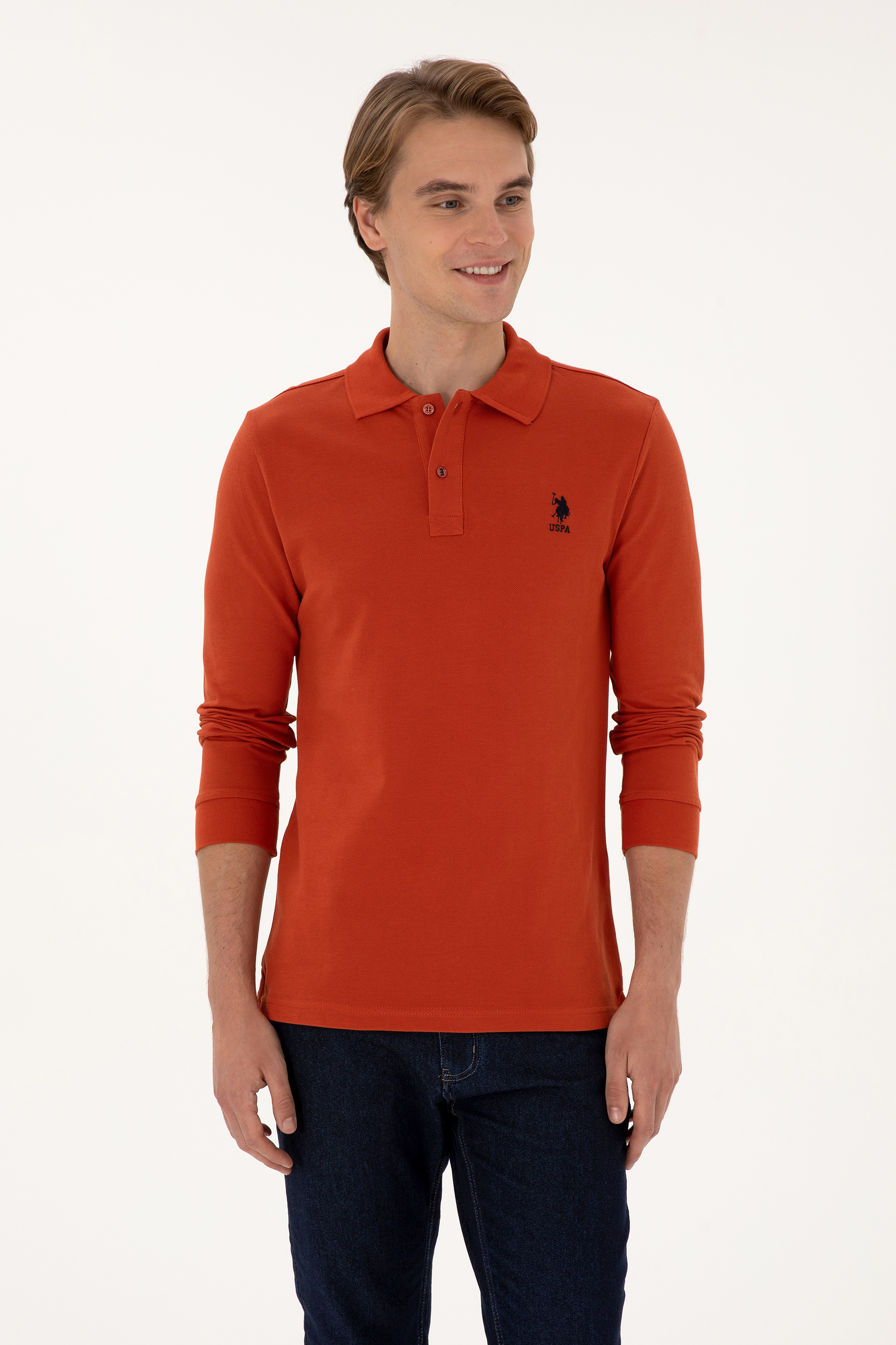 Erkek Regular Fit Polo Yaka Kiremit Basic Sweatshirt - Image 1