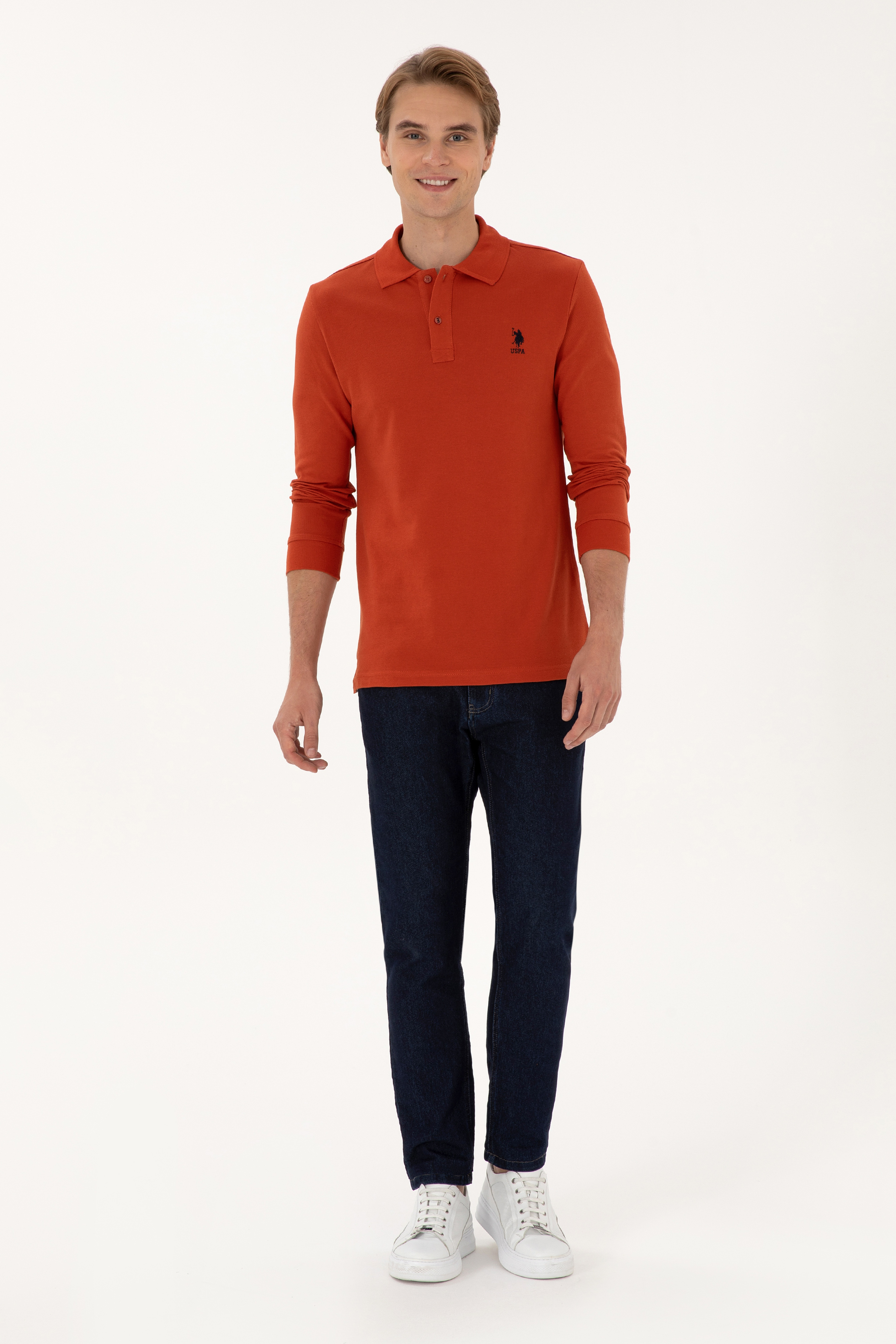 Erkek Regular Fit Polo Yaka Kiremit Basic Sweatshirt - Image 4